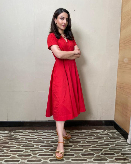 Red Midi Dress by Khara Kapas with FB ADS JUNE, Highend fashion, Midi Dresses, Natural, Poplin, Red, Regular Fit, Solids, Wilderness, Wilderness by Khara Kapas, Womenswear at Kamakhyaa for sustainable fashion