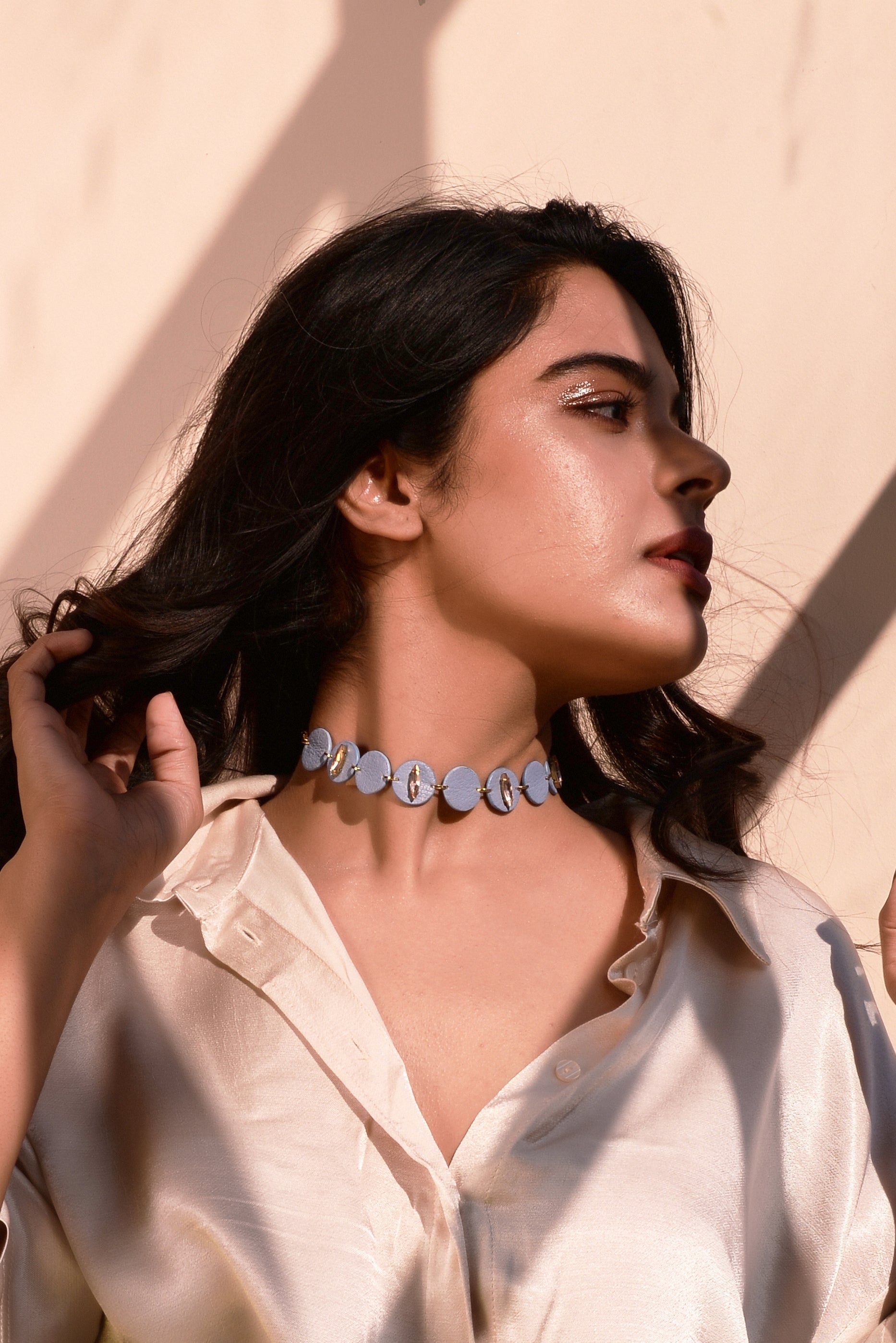 Sequa Neckpiece by Noupelle with Blue, Casual Wear, Choker, Free Size, Less than $50, Necklaces, Upcycled, Upcycled from Leather Waste, Women Led Designer at Kamakhyaa for sustainable fashion