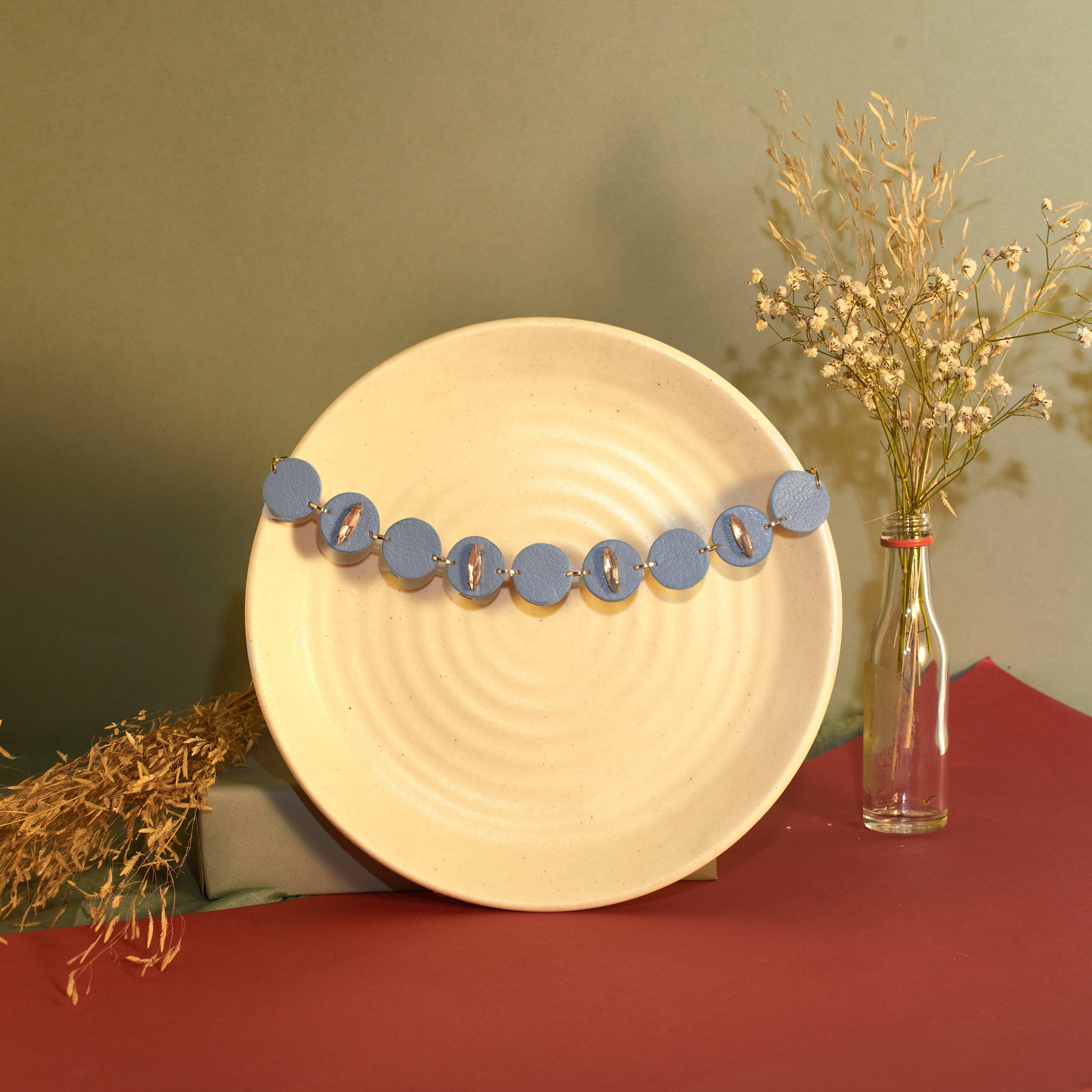 Sequa Neckpiece by Noupelle with Blue, Casual Wear, Choker, Free Size, Less than $50, Necklaces, Upcycled, Upcycled from Leather Waste, Women Led Designer at Kamakhyaa for sustainable fashion