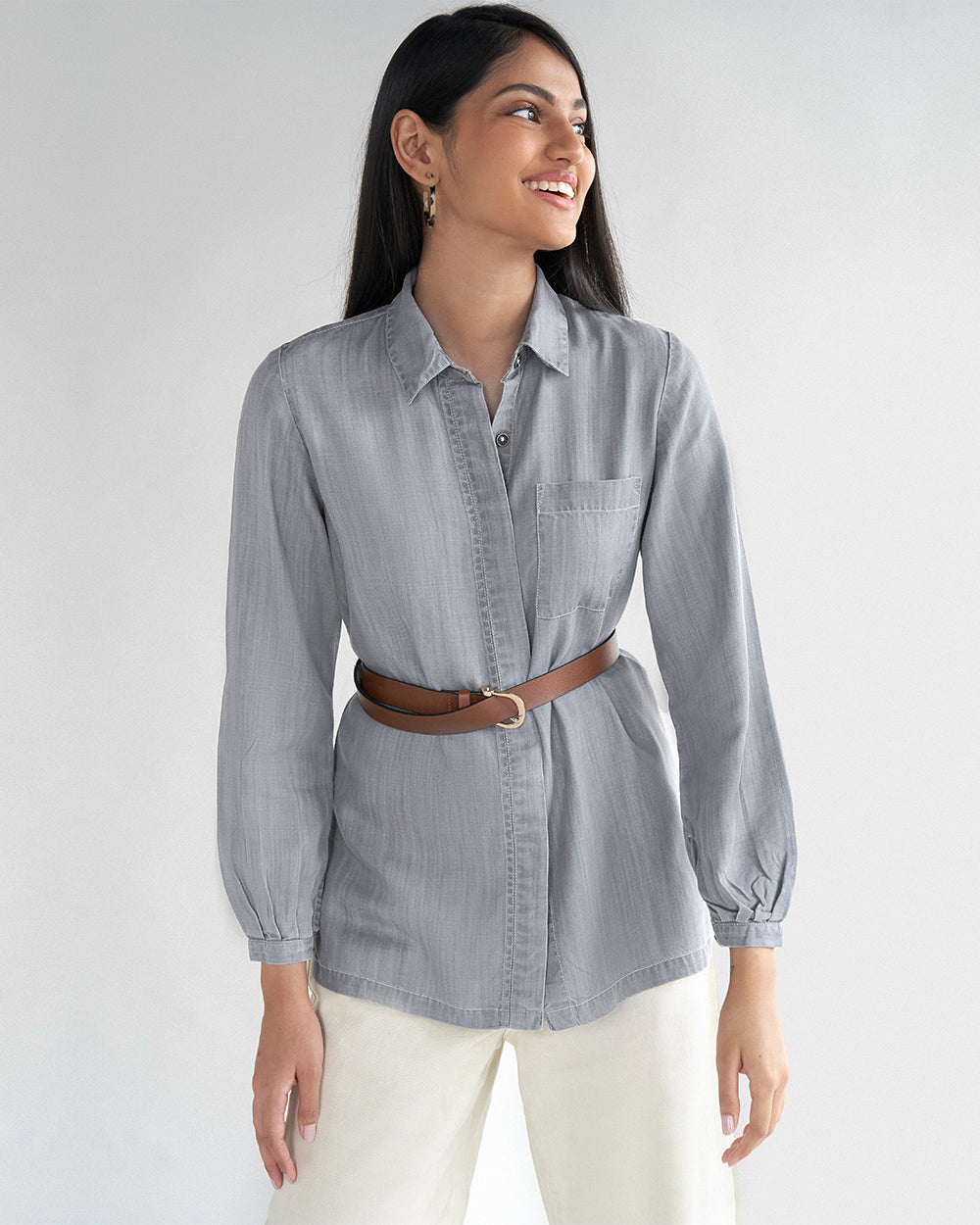 Shades of Everyday Grey Shirt by Reistor with Casual Wear, Denim, Denim Restored by Reistor, Grey, Natural, Solids, Tencel, Tops, Tunic Tops, Womenswear at Kamakhyaa for sustainable fashion