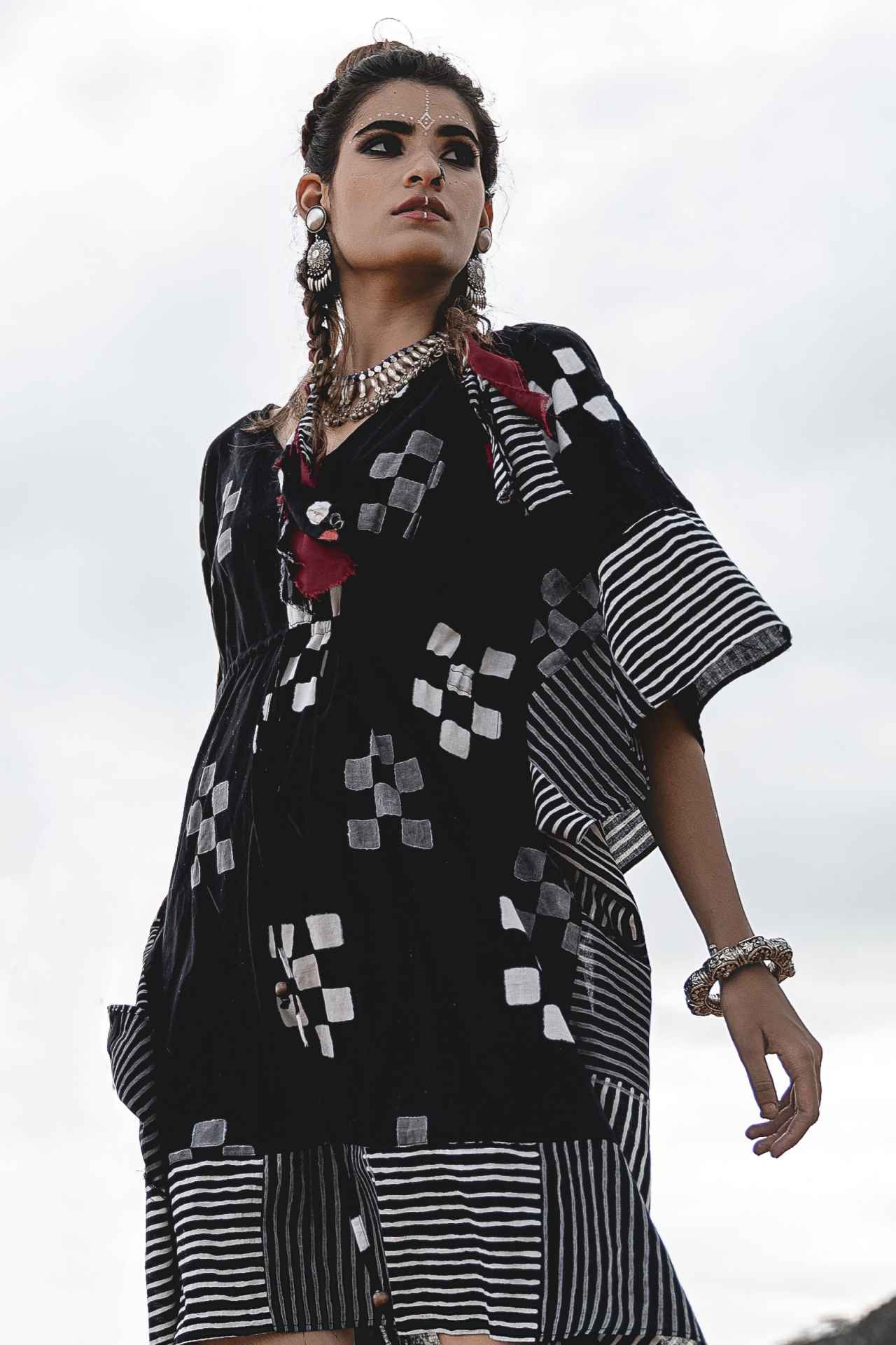 Block Printed Short Kaftan Dress by Keva with Best Selling, Black, Block Prints, Cotton, Kaftans, Mini Dresses, Natural, Relaxed Fit, Resort Wear, Wild Child, Womenswear at Kamakhyaa for sustainable fashion