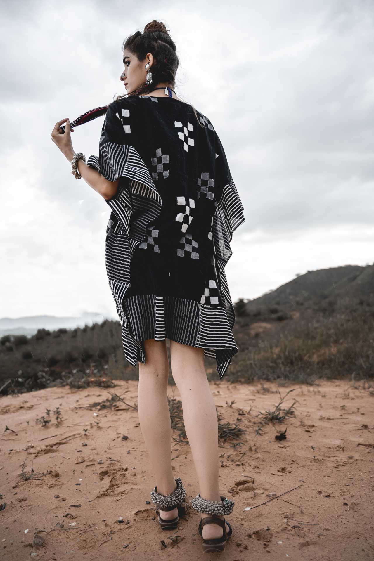 Block Printed Short Kaftan Dress by Keva with Best Selling, Black, Block Prints, Cotton, Kaftans, Mini Dresses, Natural, Relaxed Fit, Resort Wear, Wild Child, Womenswear at Kamakhyaa for sustainable fashion
