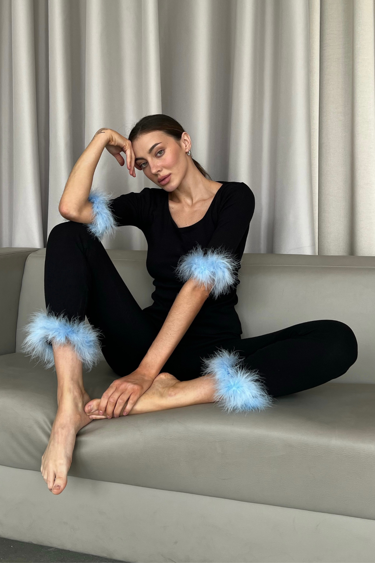 Olivia Pajama Suit with light blue Feathers Set Of 2 by Angie's Showroom with Angies Showroom, Black, Casual Wear, Cotton, Elastane, lingerie, Natural, Pajama Set, Regular Fit, Solids, Womenswear at Kamakhyaa for sustainable fashion