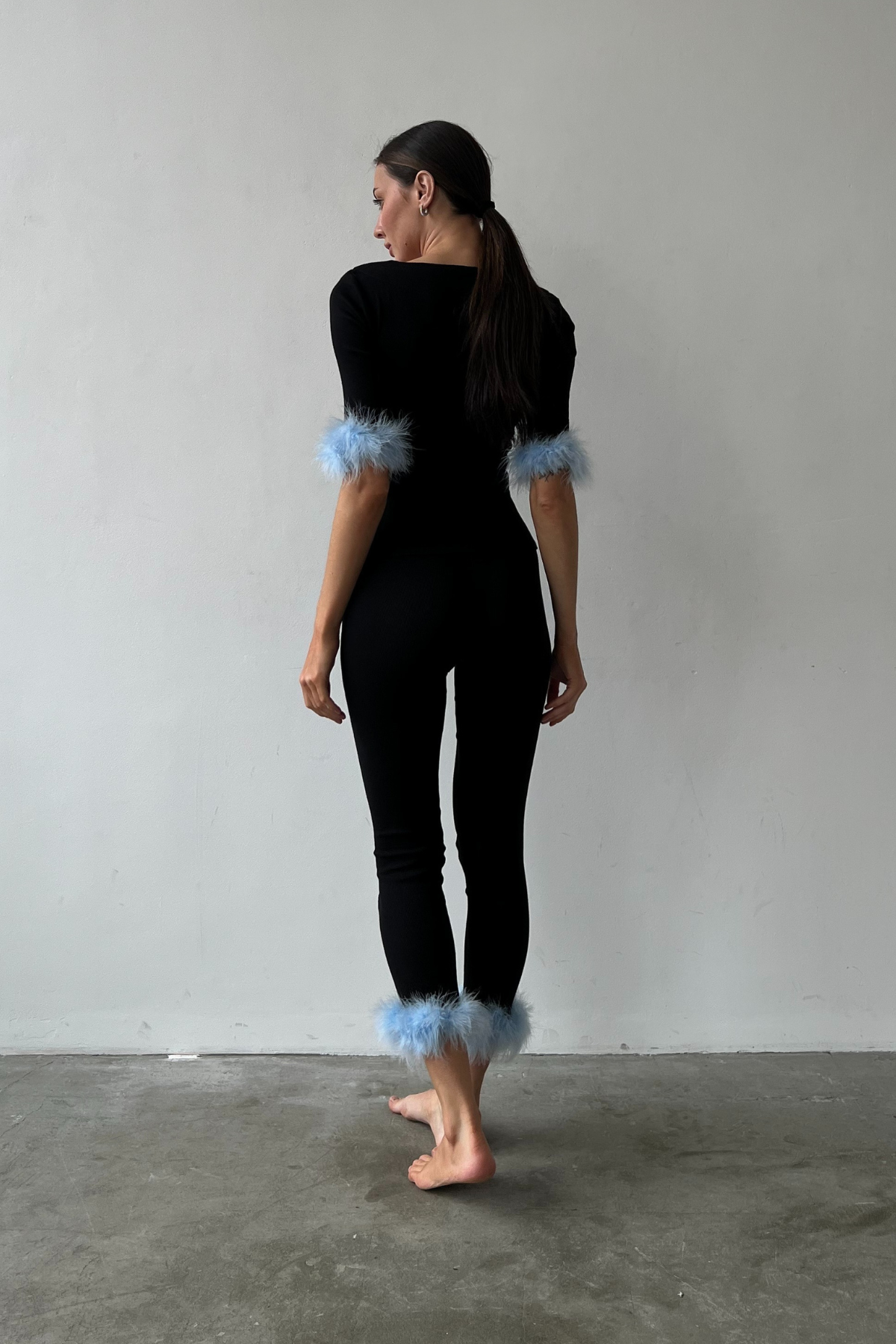 Olivia Pajama Suit with light blue Feathers Set Of 2 by Angie's Showroom with Angies Showroom, Black, Casual Wear, Cotton, Elastane, lingerie, Natural, Pajama Set, Regular Fit, Solids, Womenswear at Kamakhyaa for sustainable fashion