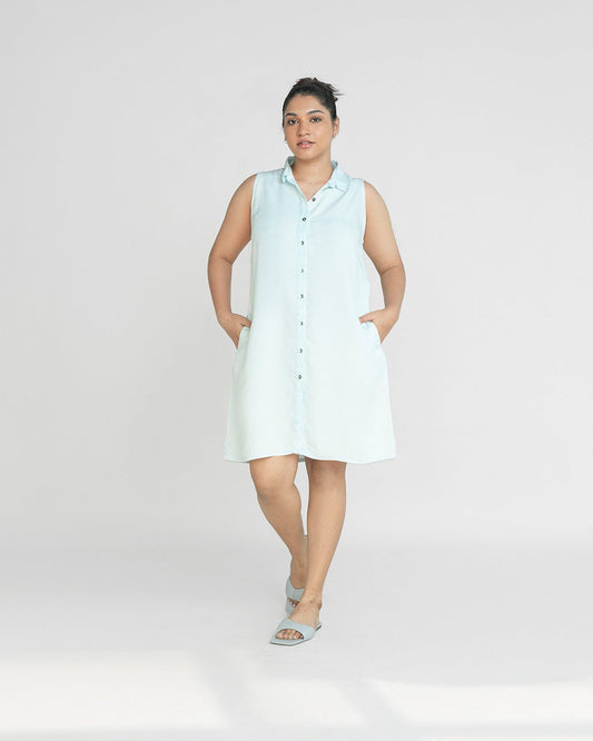 Sky Blue Shirt Dress by Reistor with Blue, Casual Wear, Denim, Denim Restored by Reistor, Natural, Shirt Dresses, Shirts, Solids, Tencel, Womenswear at Kamakhyaa for sustainable fashion