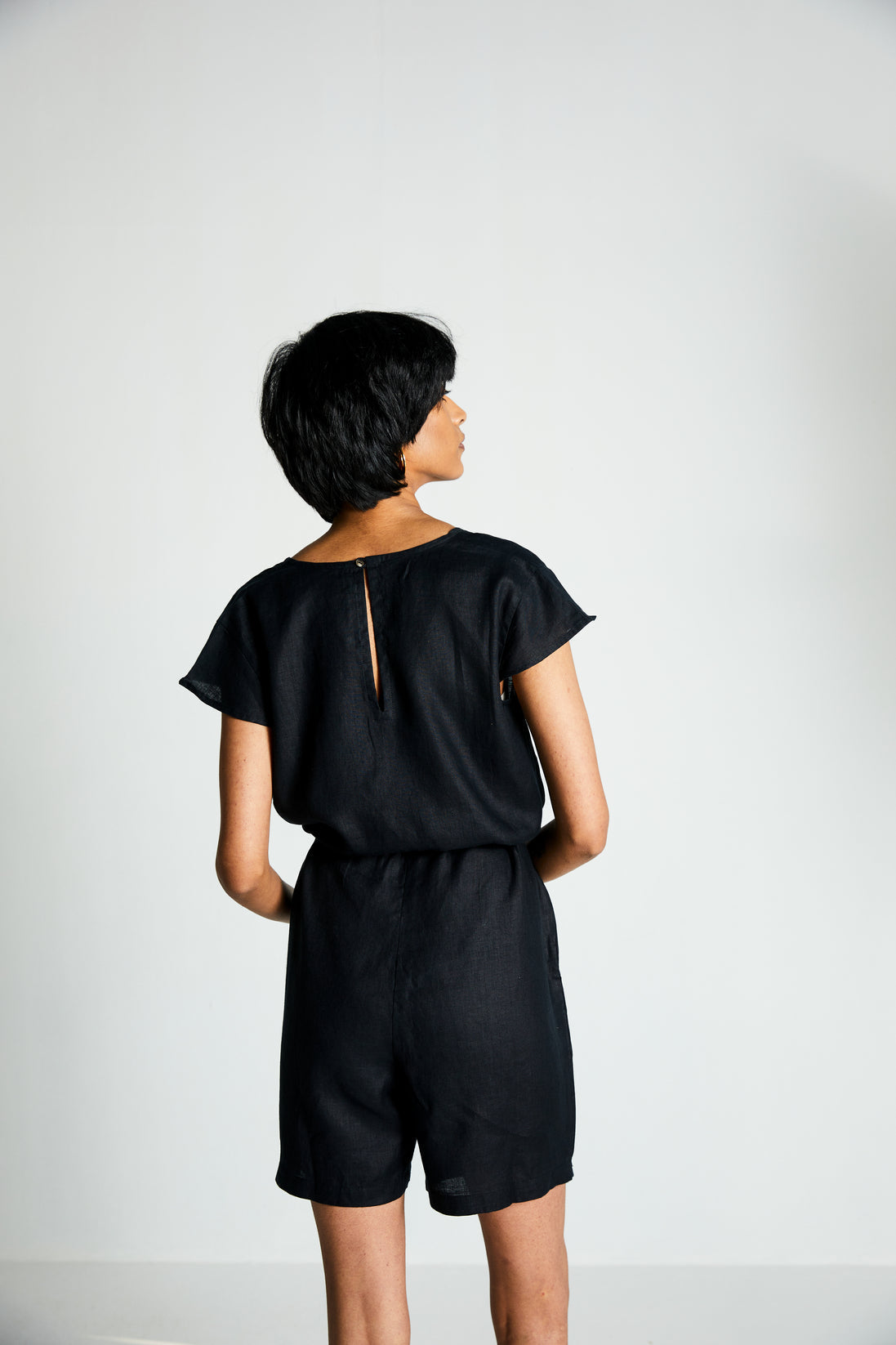 Smoke and Mirrors Romper by Reistor with Best Selling, Black, Casual Wear, Hemp, Hemp Noir by Reistor, Jumpsuits, Natural, Office Wear, Regular Fit, Rompers, Solids, Womenswear at Kamakhyaa for sustainable fashion