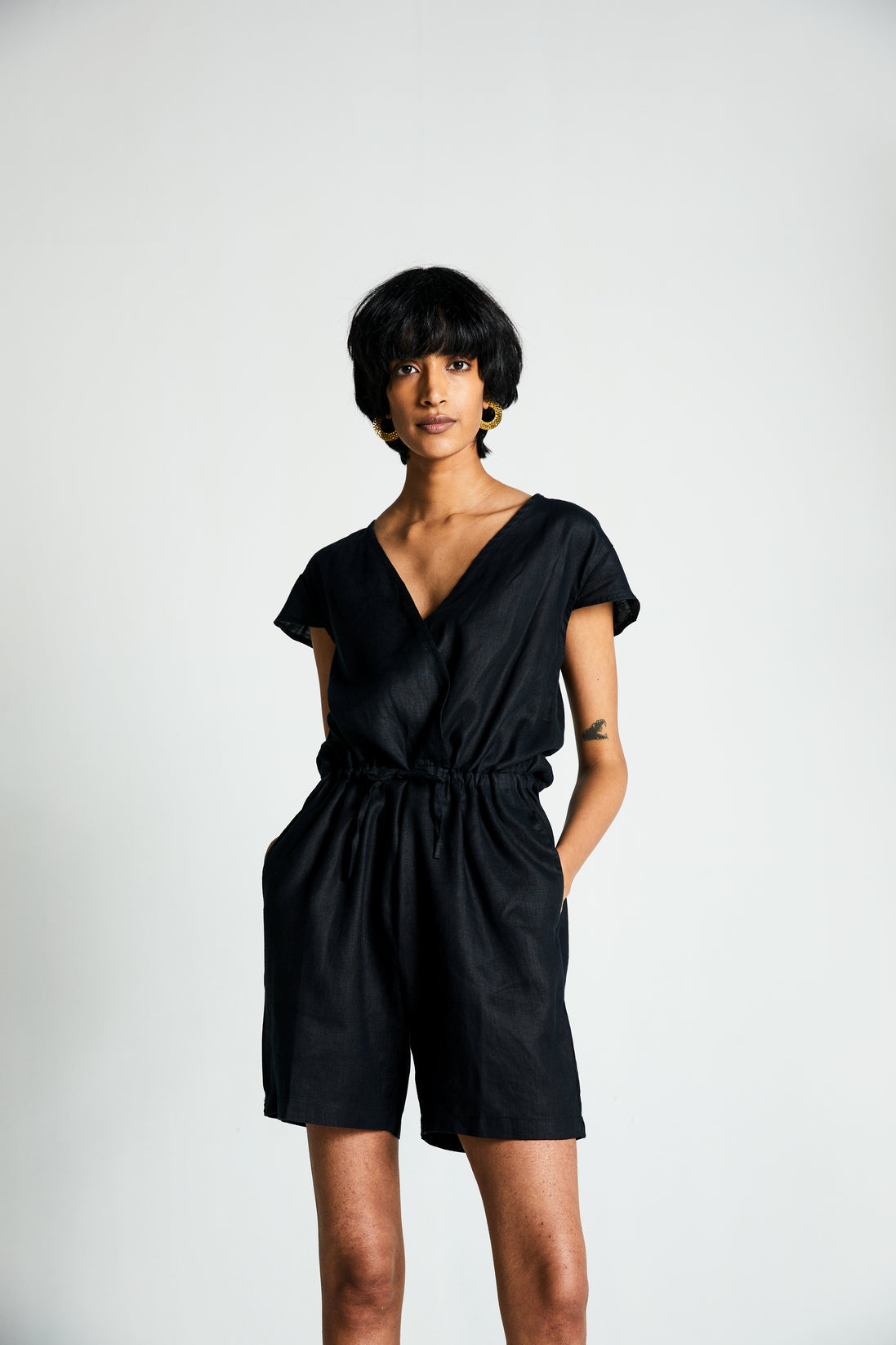 Smoke and Mirrors Romper by Reistor with Best Selling, Black, Casual Wear, Hemp, Hemp Noir by Reistor, Jumpsuits, Natural, Office Wear, Regular Fit, Rompers, Solids, Womenswear at Kamakhyaa for sustainable fashion