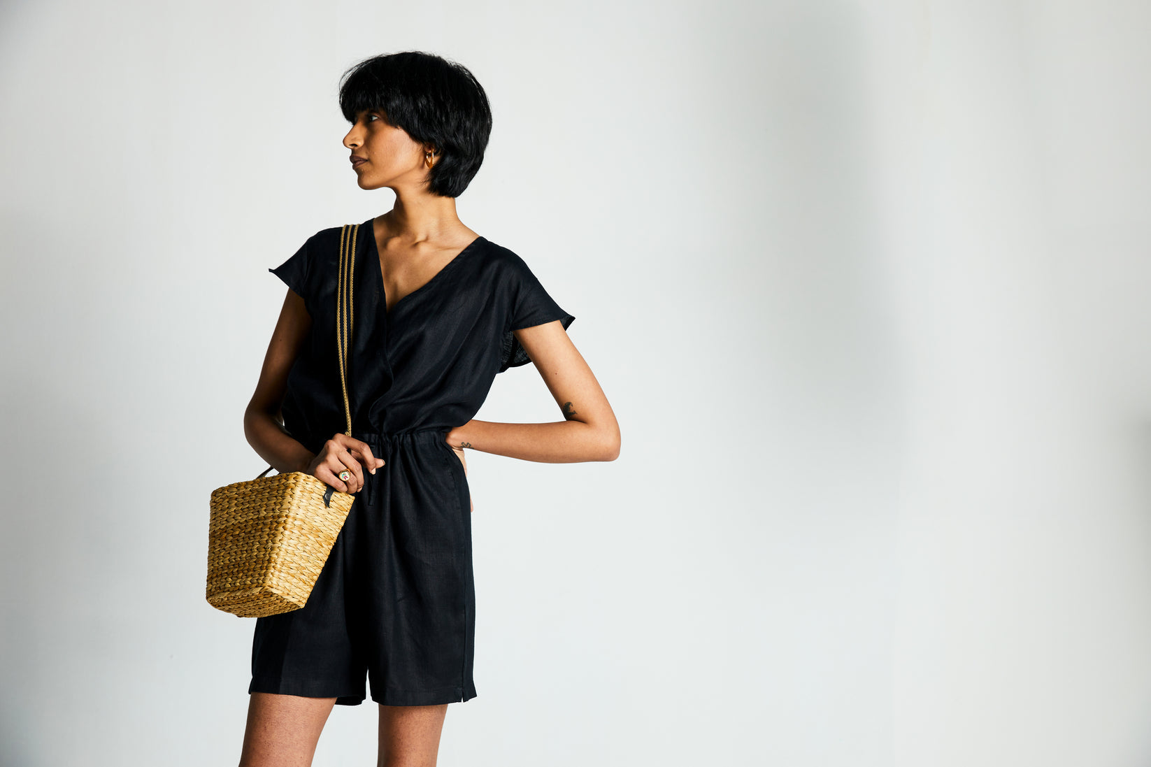 Smoke and Mirrors Romper by Reistor with Best Selling, Black, Casual Wear, Hemp, Hemp Noir by Reistor, Jumpsuits, Natural, Office Wear, Regular Fit, Rompers, Solids, Womenswear at Kamakhyaa for sustainable fashion