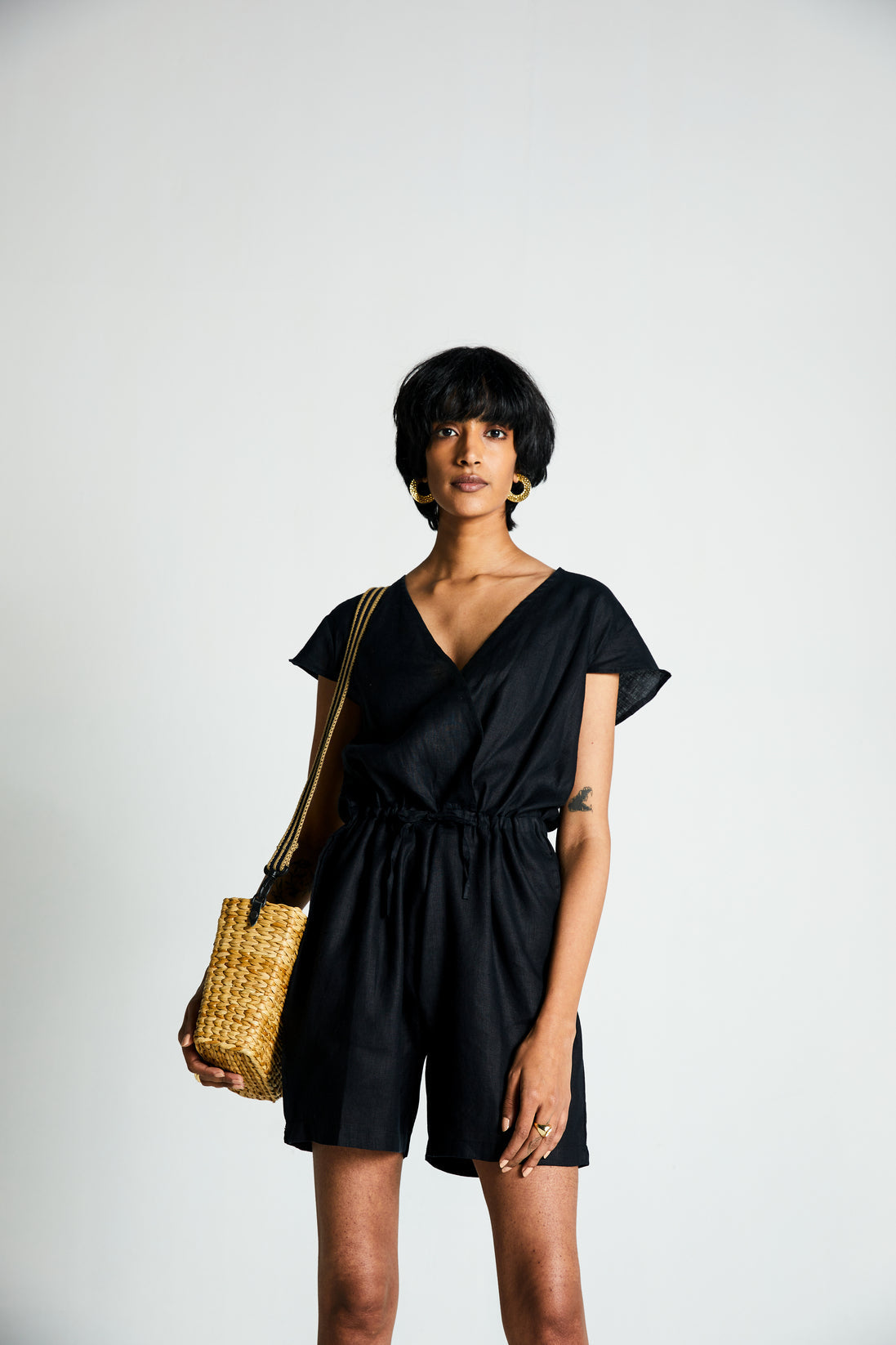 Smoke and Mirrors Romper by Reistor with Best Selling, Black, Casual Wear, Hemp, Hemp Noir by Reistor, Jumpsuits, Natural, Office Wear, Regular Fit, Rompers, Solids, Womenswear at Kamakhyaa for sustainable fashion