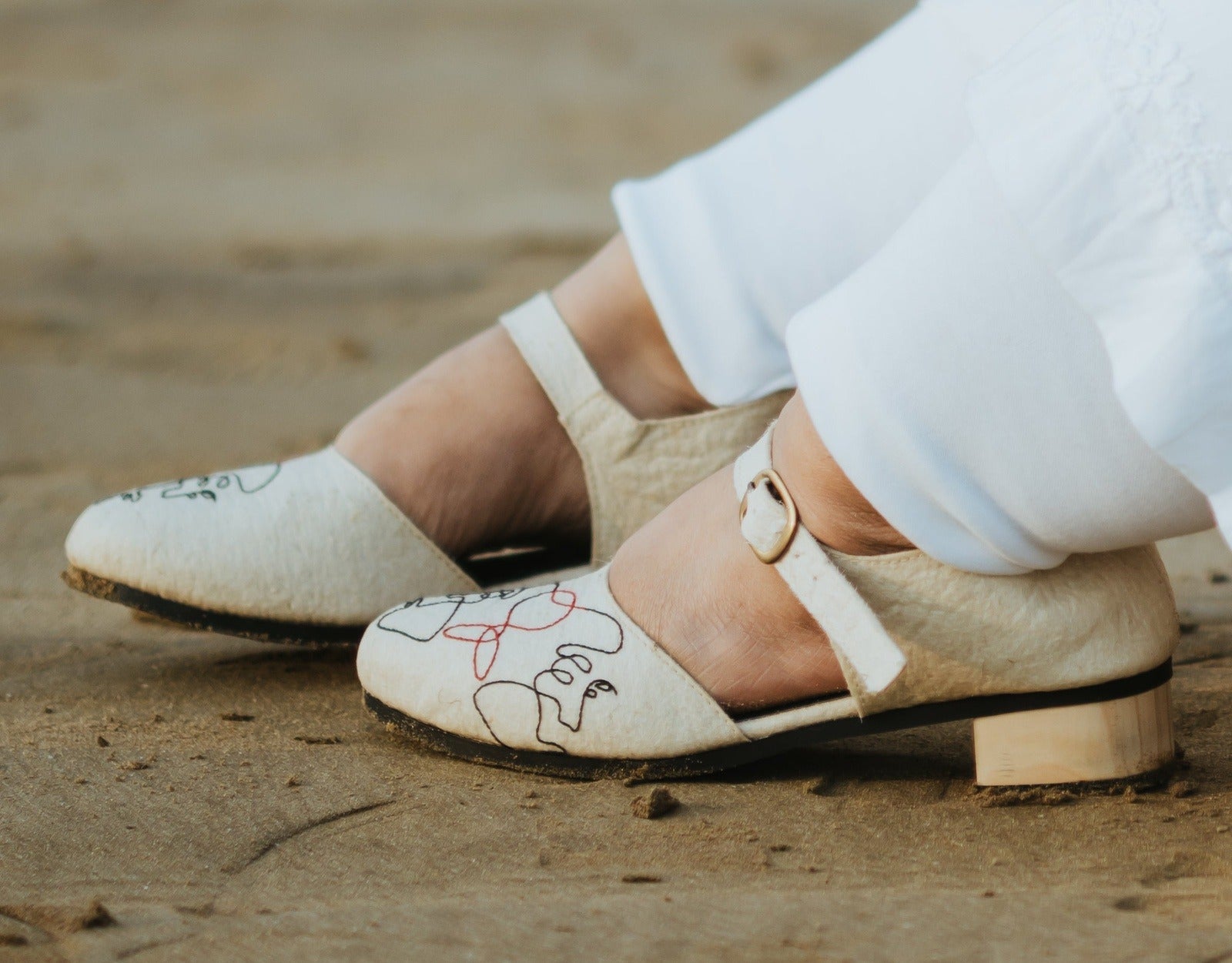 Flats-Natural Mary Janes by Sole Stories with Ballerinas, Casual Wear, Embroidered, Faux Leather, Pineapple Leaf Fibre, Round Toes, Solids, Upcycled, Vegan, White at Kamakhyaa for sustainable fashion