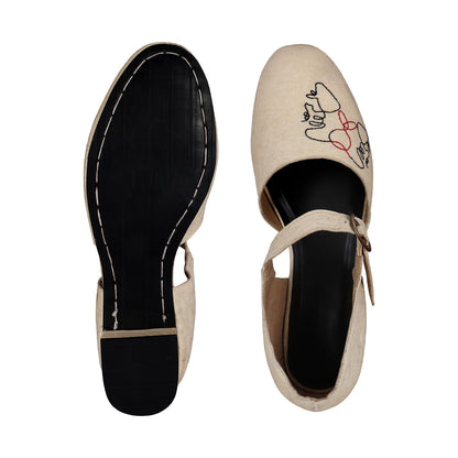 Flats-Natural Mary Janes by Sole Stories with Ballerinas, Casual Wear, Embroidered, Faux Leather, Pineapple Leaf Fibre, Round Toes, Solids, Upcycled, Vegan, White at Kamakhyaa for sustainable fashion