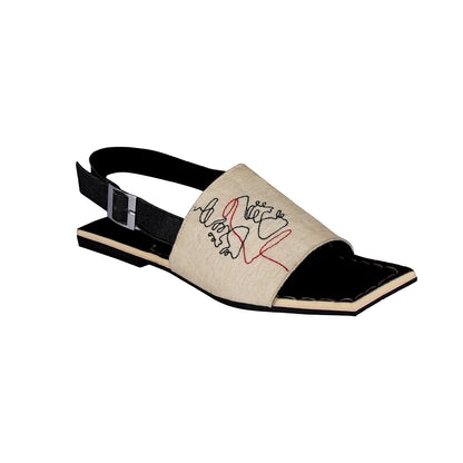 Flats-Yang Backstraps by Sole Stories with Casual Wear, Embroidered, Faux Leather, Flats, Pineapple Leaf Fibre, Recycled, Slip Ons, Square toe, Upcycled, Upcycled Rubber Tyres, Vegan, White at Kamakhyaa for sustainable fashion