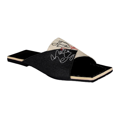 Flats-Yin and Yang by Sole Stories with Casual Wear, Embroidered, Faux Leather, Flats, Pineapple Leaf Fibre, Recycled, Slip Ons, Square toe, Upcycled, Upcycled Rubber Tyres, Vegan, White at Kamakhyaa for sustainable fashion