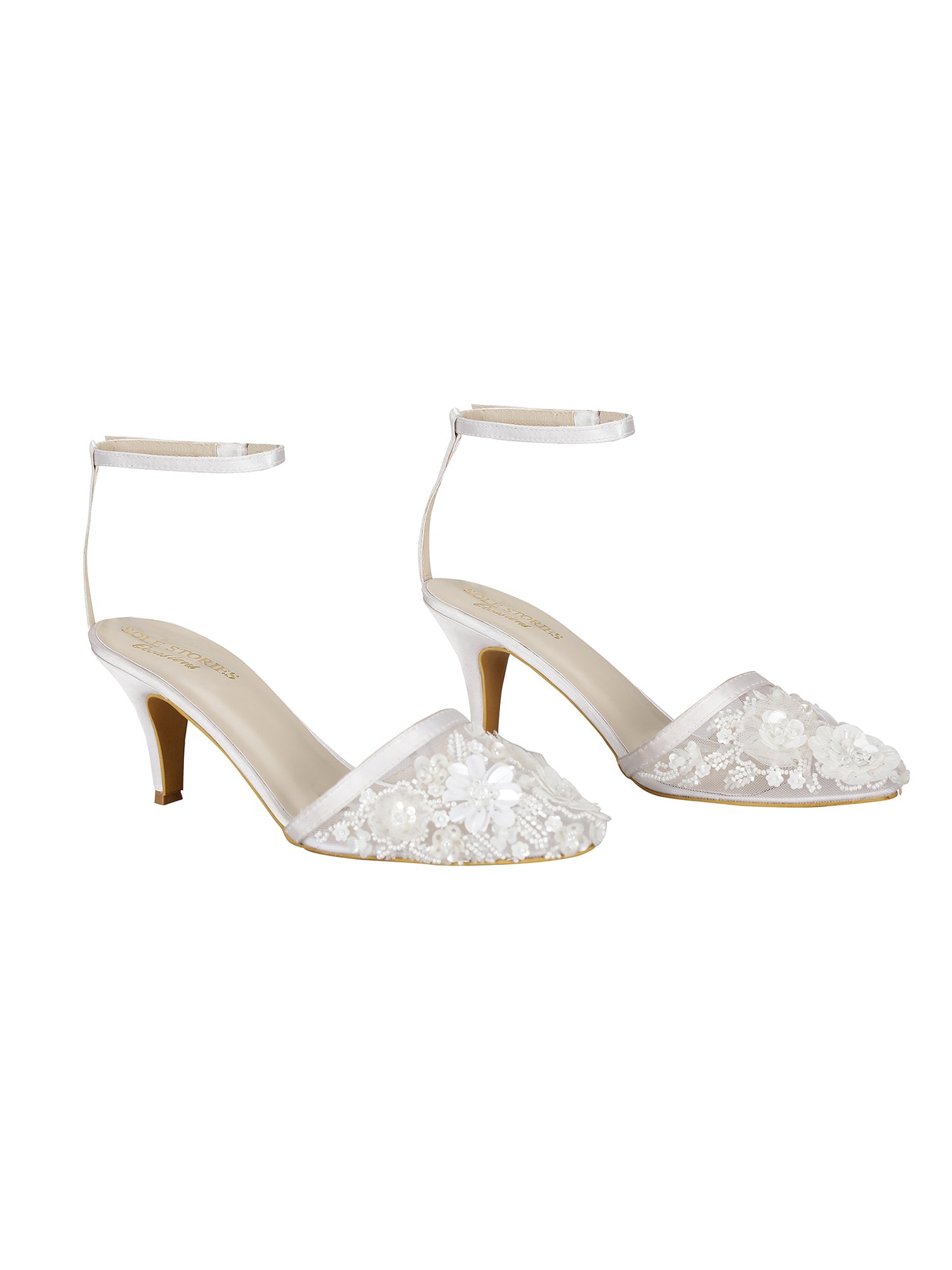 Heels-White by Sole Stories with Ankle Loop, Closed Toes, Embellished, Faux leather, Festive Wear, For Bachelorette, Heels, Natural, Recycled, Regular Fit, Wedding Gifts, White at Kamakhyaa for sustainable fashion