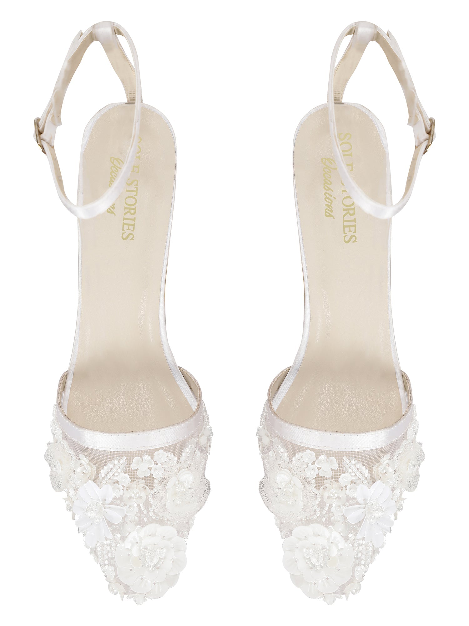 Heels-White by Sole Stories with Ankle Loop, Closed Toes, Embellished, Faux leather, Festive Wear, For Bachelorette, Heels, Natural, Recycled, Regular Fit, Wedding Gifts, White at Kamakhyaa for sustainable fashion