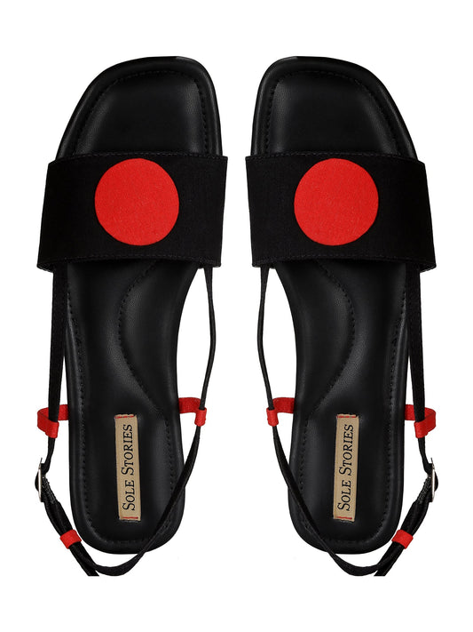 Bindi Backstraps in Black and Red by Sole Stories with Basics Edit- Chapter II, Black, Faux Leather, Flats, For Daughter, Handcrafted, Red, Relaxed Fit, Solids, Vegan at Kamakhyaa for sustainable fashion