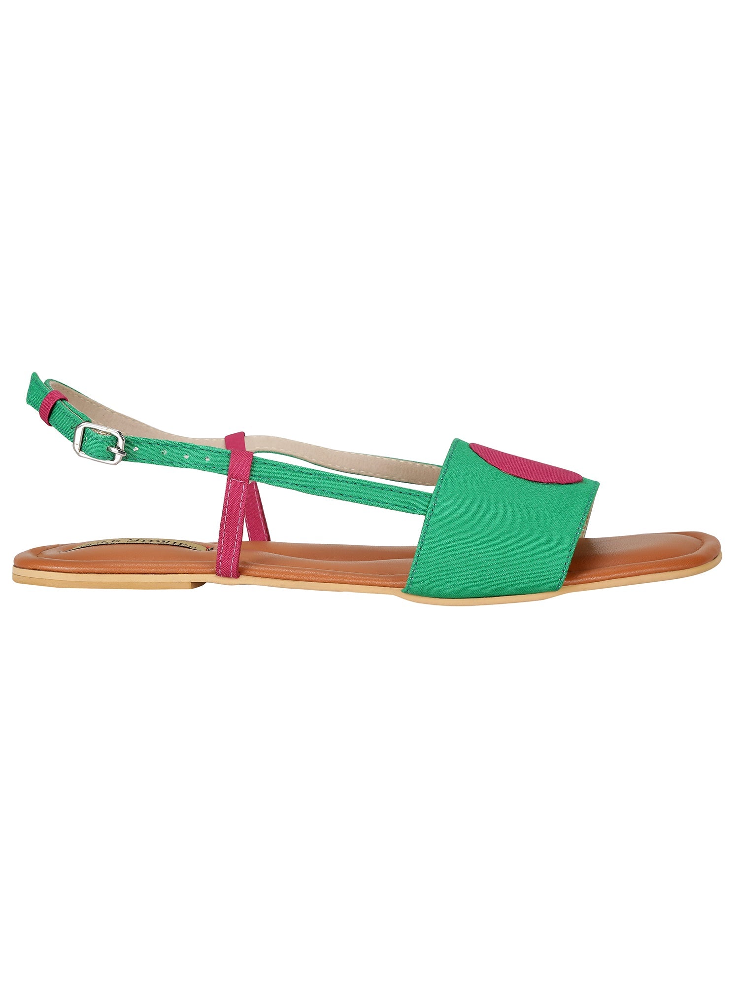 BINDI BACKSTRAPS IN GREEN AND PINK Footwear Basics Edit- Chapter II, Faux Leather, Flats, Green, Handcrafted, Pink, Relaxed Fit, Solids, Vegan SOLE STORIES Kamakhyaa