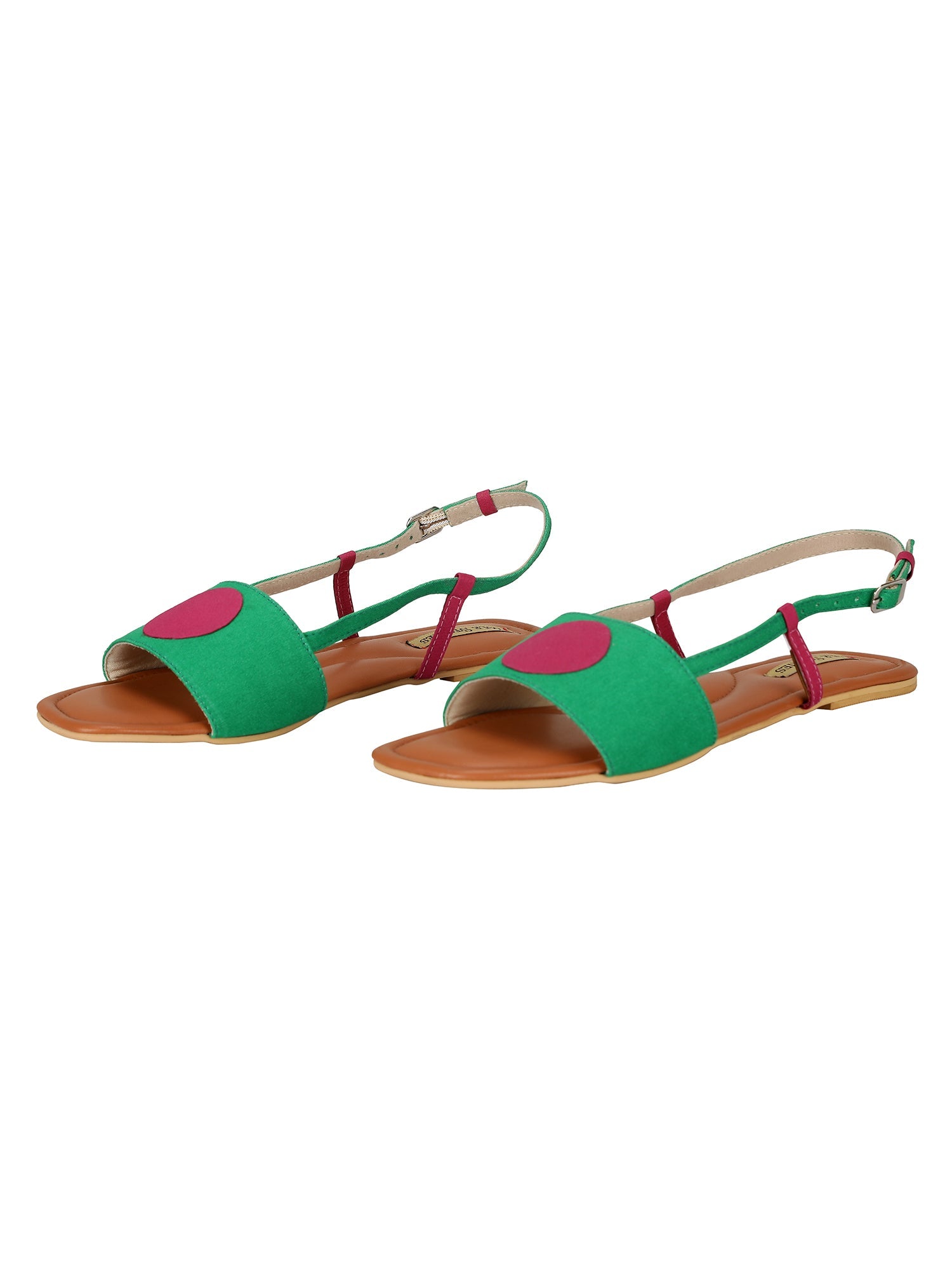 Bindi Backstraps in Green and Pink by Sole Stories with Basics Edit- Chapter II, Faux Leather, Flats, Green, Handcrafted, Pink, Relaxed Fit, Solids, Vegan at Kamakhyaa for sustainable fashion