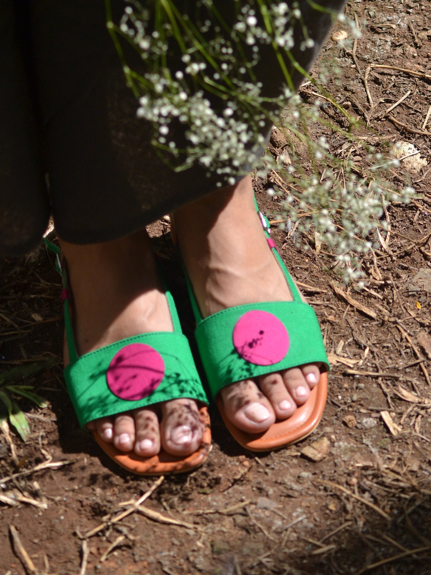 BINDI BACKSTRAPS IN GREEN AND PINK Footwear Basics Edit- Chapter II, Faux Leather, Flats, Green, Handcrafted, Pink, Relaxed Fit, Solids, Vegan SOLE STORIES Kamakhyaa