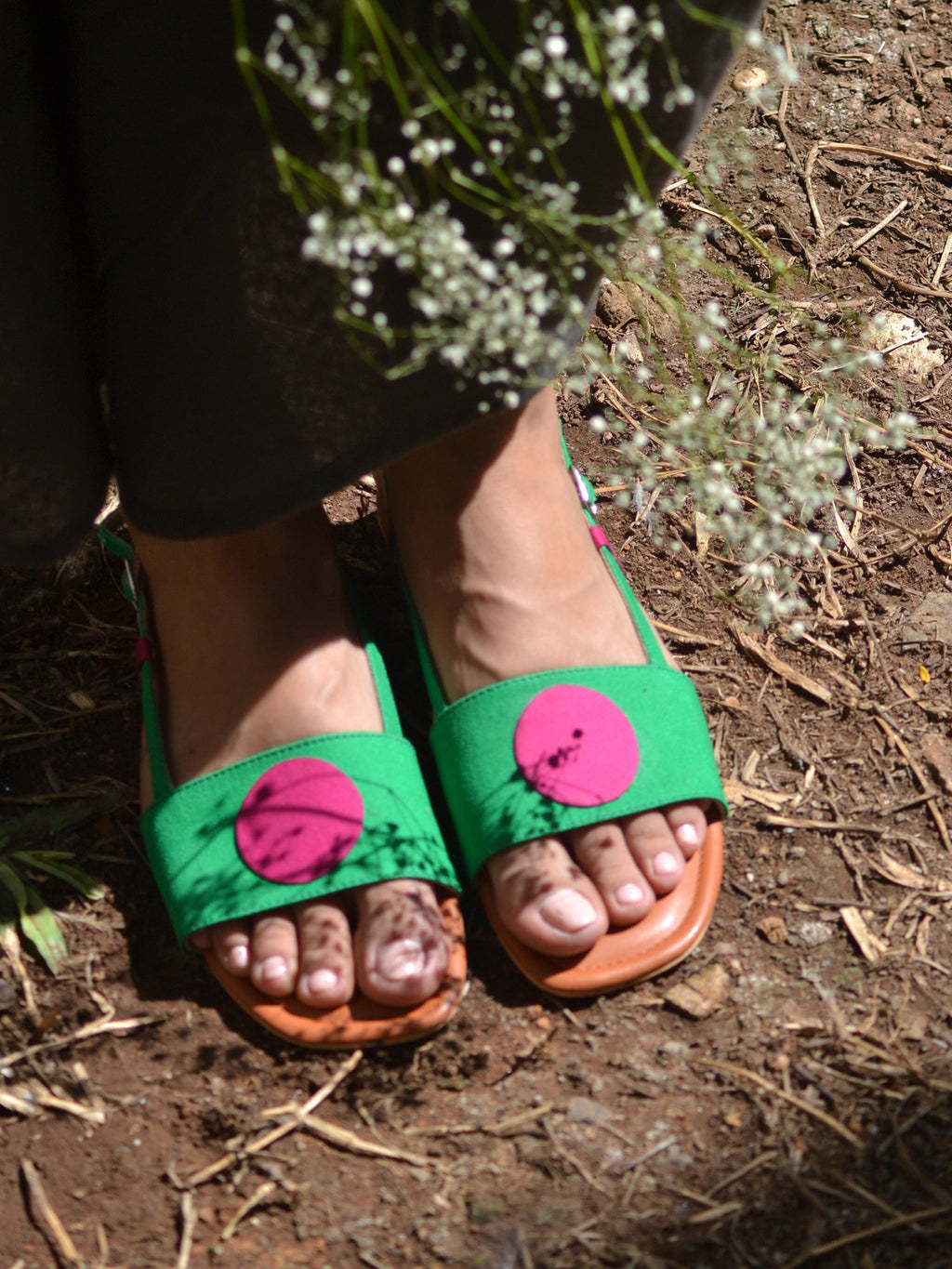 Bindi Backstraps in Green and Pink by Sole Stories with Basics Edit- Chapter II, Faux Leather, Flats, Green, Handcrafted, Pink, Relaxed Fit, Solids, Vegan at Kamakhyaa for sustainable fashion