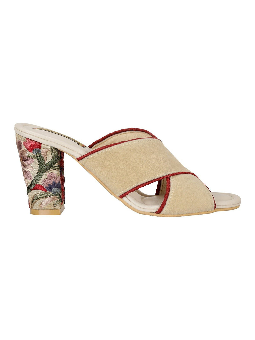 Embroidered Heels-Criss Cross Mules Beige by Sole Stories with Beige, Brown, Faux leather, Festive Wear, Mules, Open Toes, Recycled, Solids at Kamakhyaa for sustainable fashion