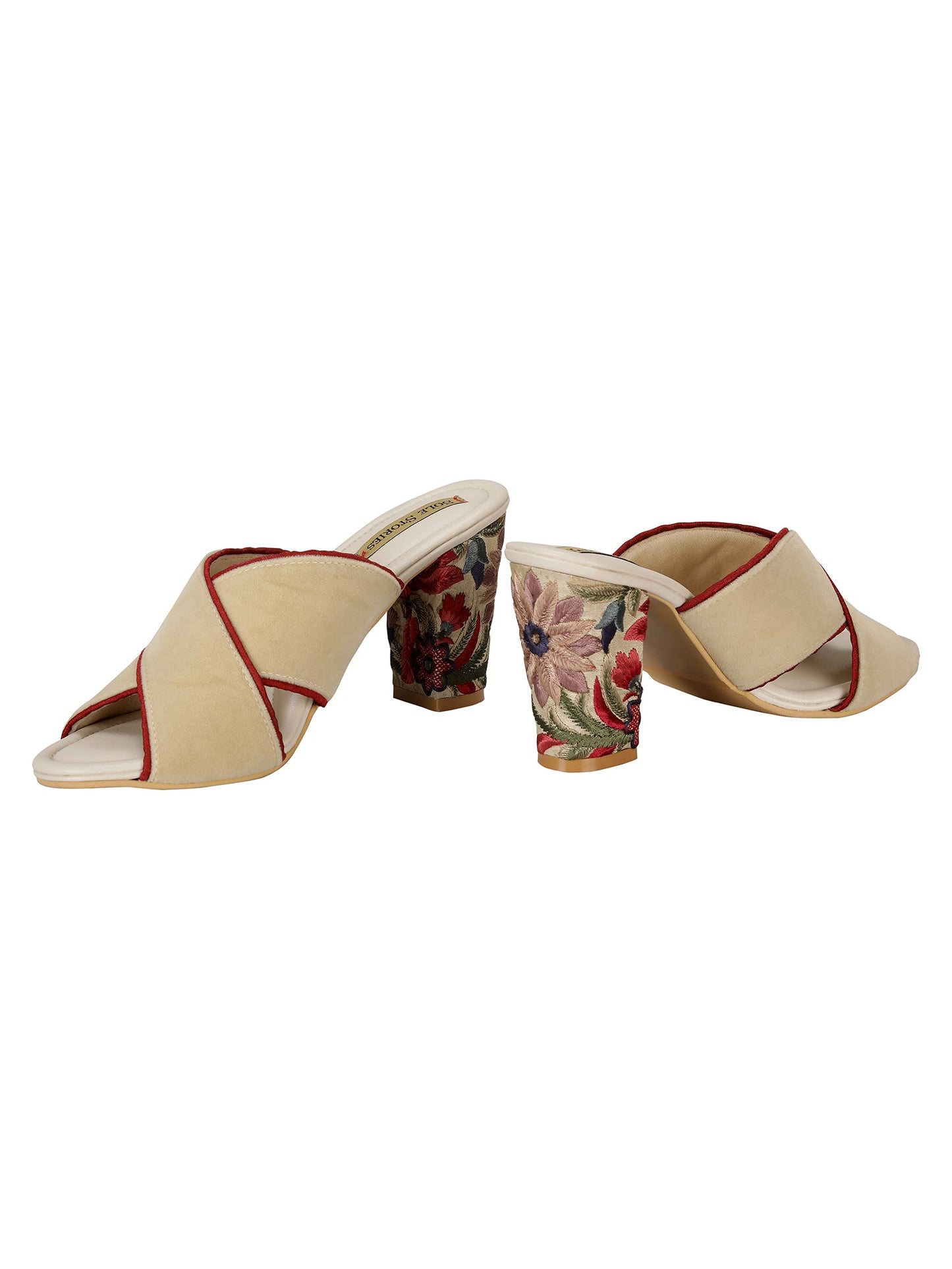 Embroidered Heels-Criss Cross Mules Beige by Sole Stories with Beige, Brown, Faux leather, Festive Wear, Mules, Open Toes, Recycled, Solids at Kamakhyaa for sustainable fashion