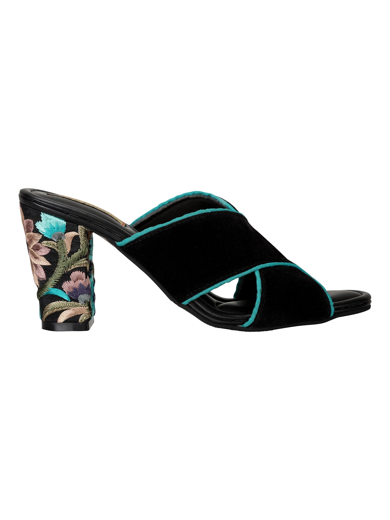 Embroidered Heels-Criss Cross Mules Blue by Sole Stories with Black, Faux leather, Festive Wear, For Bachelorette, Mules, Open Toes, Recycled, Solids at Kamakhyaa for sustainable fashion
