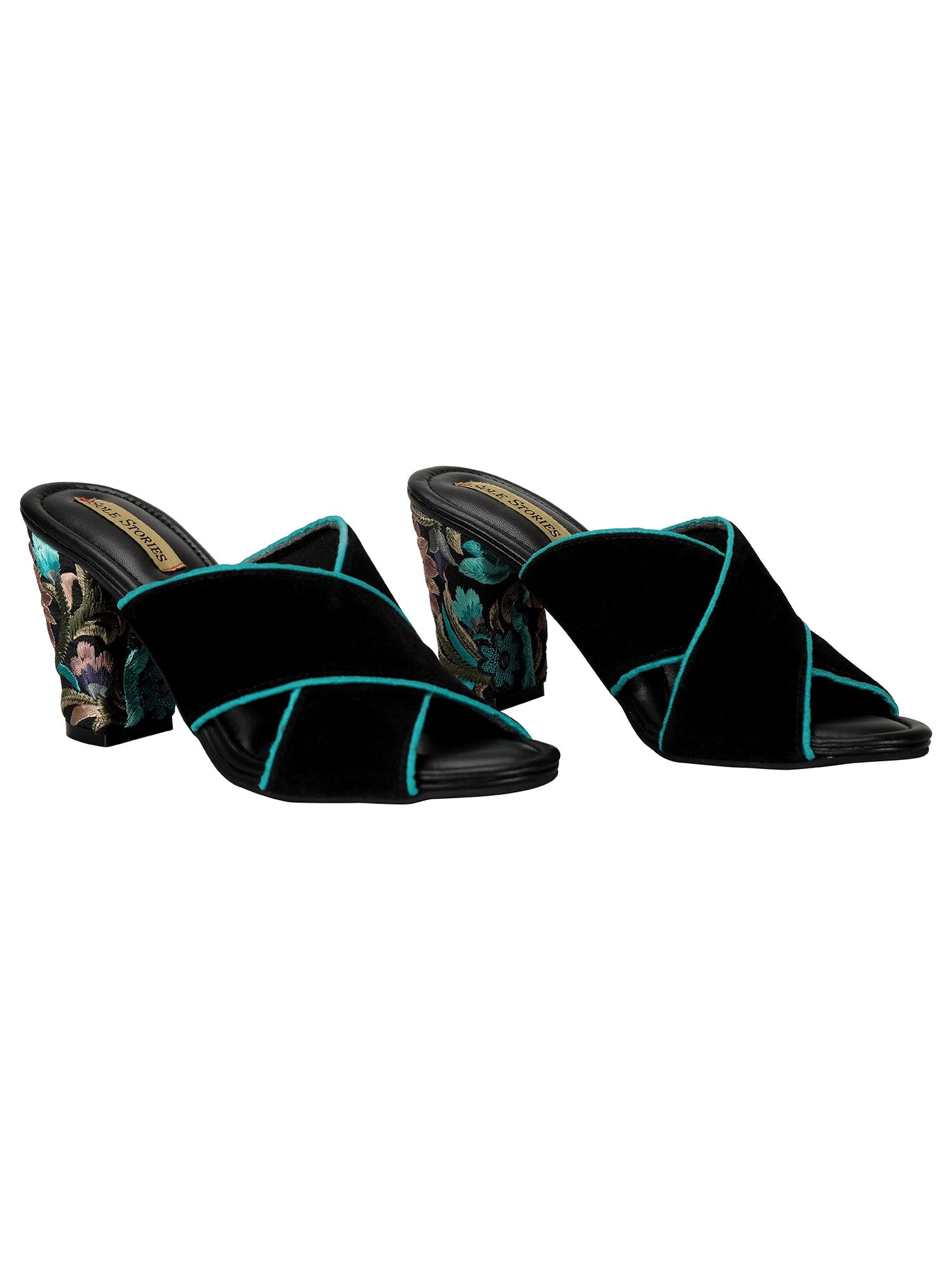 Embroidered Heels-Criss Cross Mules Blue by Sole Stories with Black, Faux leather, Festive Wear, For Bachelorette, Mules, Open Toes, Recycled, Solids at Kamakhyaa for sustainable fashion
