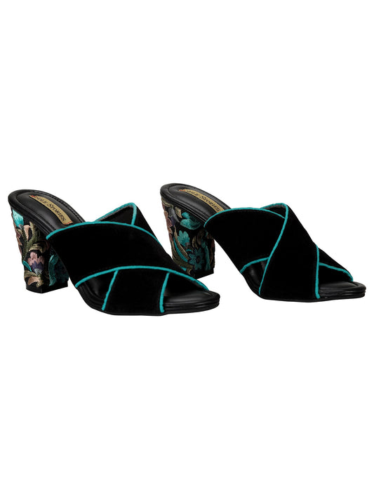 Embroidered Heels-Criss Cross Mules Blue by Sole Stories with Black, Faux leather, Festive Wear, For Bachelorette, Mules, Open Toes, Recycled, Solids at Kamakhyaa for sustainable fashion