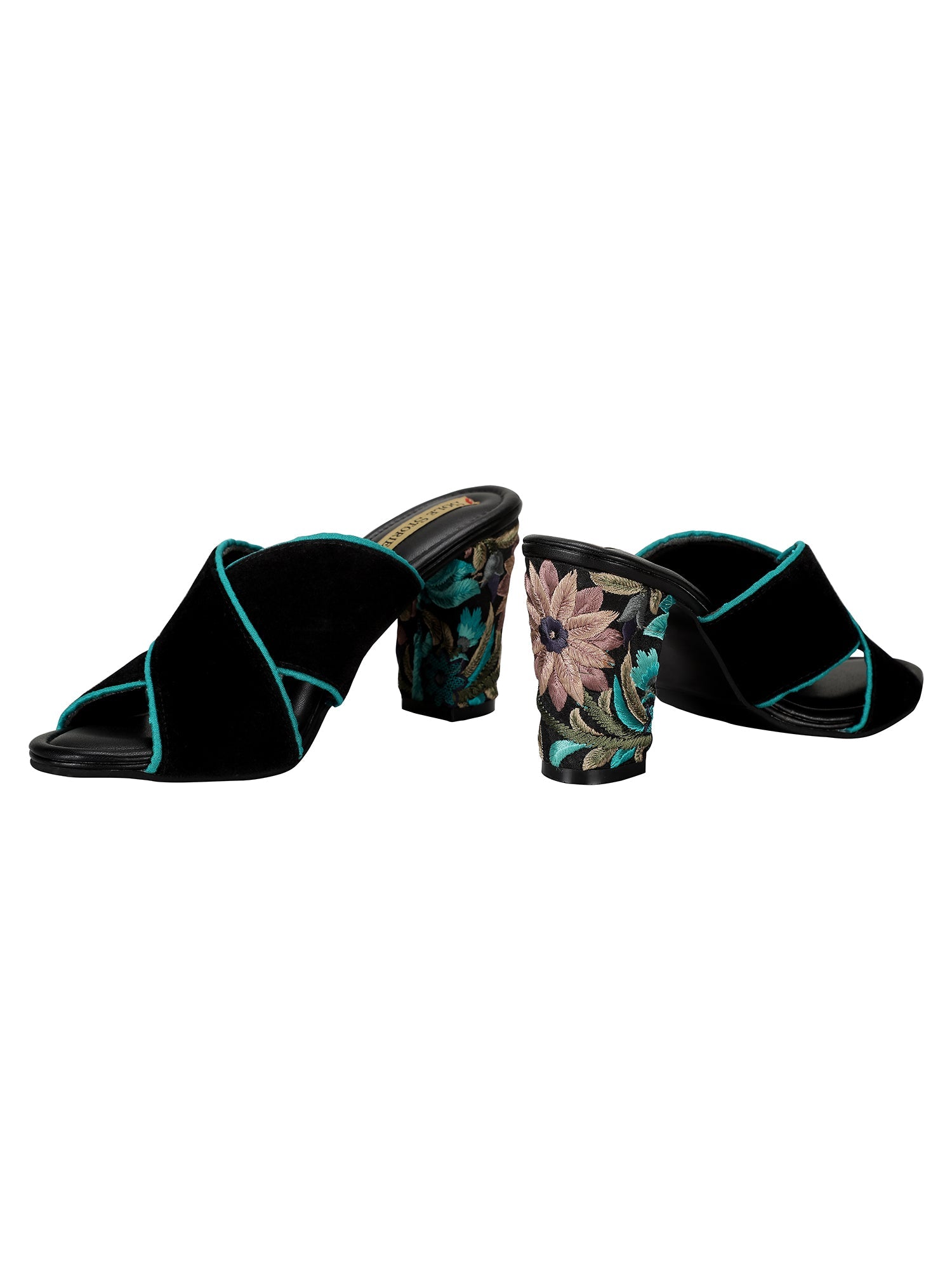 Embroidered Heels-Criss Cross Mules Blue by Sole Stories with Black, Faux leather, Festive Wear, For Bachelorette, Mules, Open Toes, Recycled, Solids at Kamakhyaa for sustainable fashion