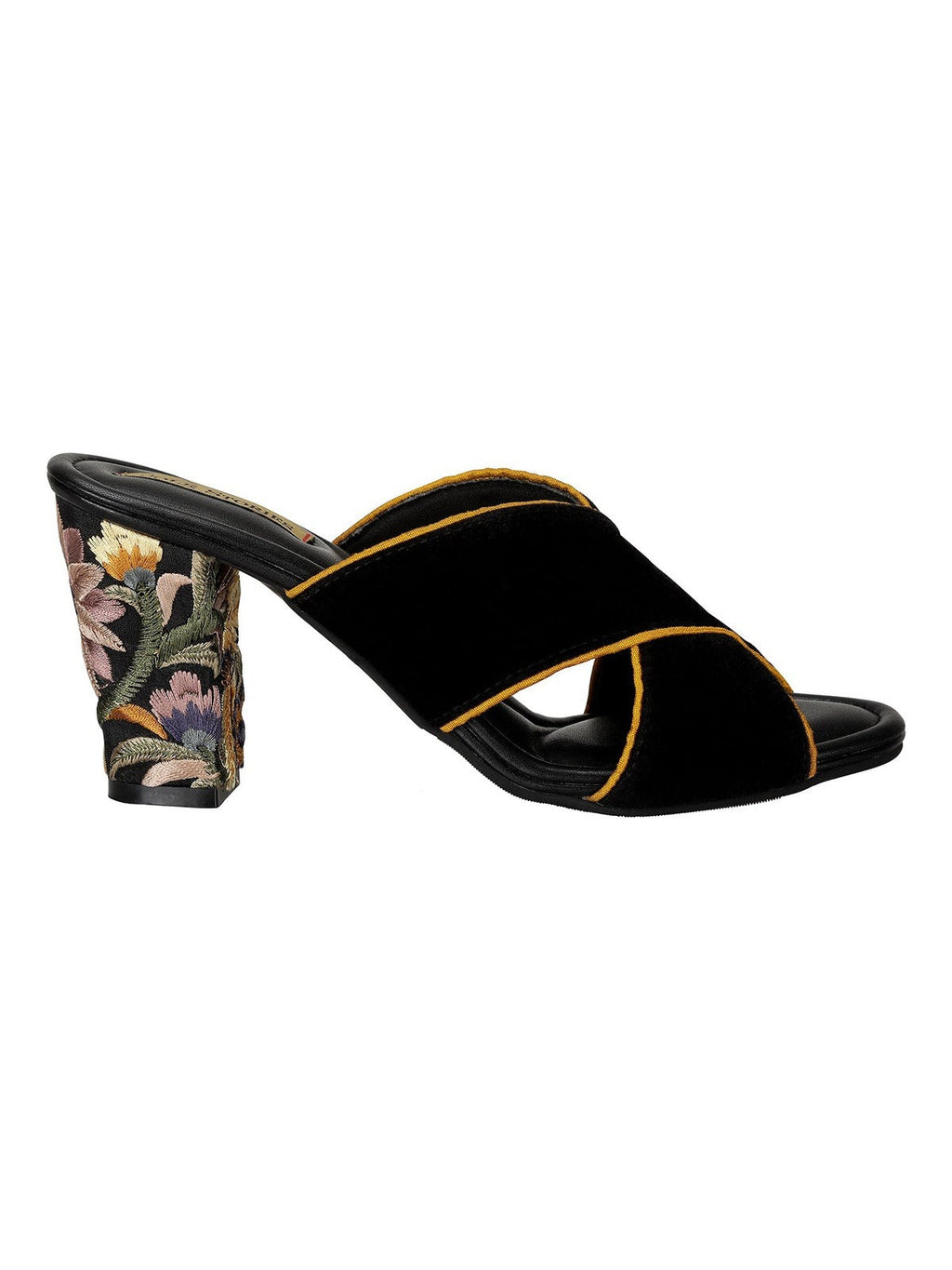 Embroidered Heels-Criss Cross Mules Yellow by Sole Stories with Black, Faux leather, Festive Wear, Mules, Open Toes, Recycled, Solids at Kamakhyaa for sustainable fashion