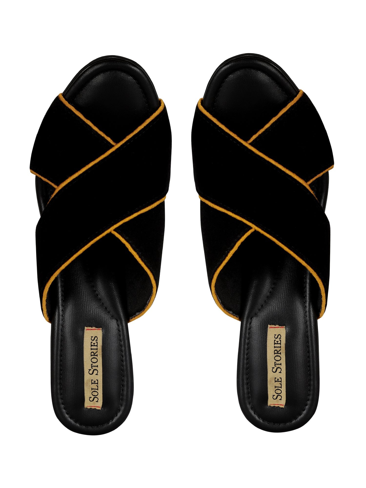 Embroidered Heels-Criss Cross Mules Yellow by Sole Stories with Black, Faux leather, Festive Wear, Mules, Open Toes, Recycled, Solids at Kamakhyaa for sustainable fashion