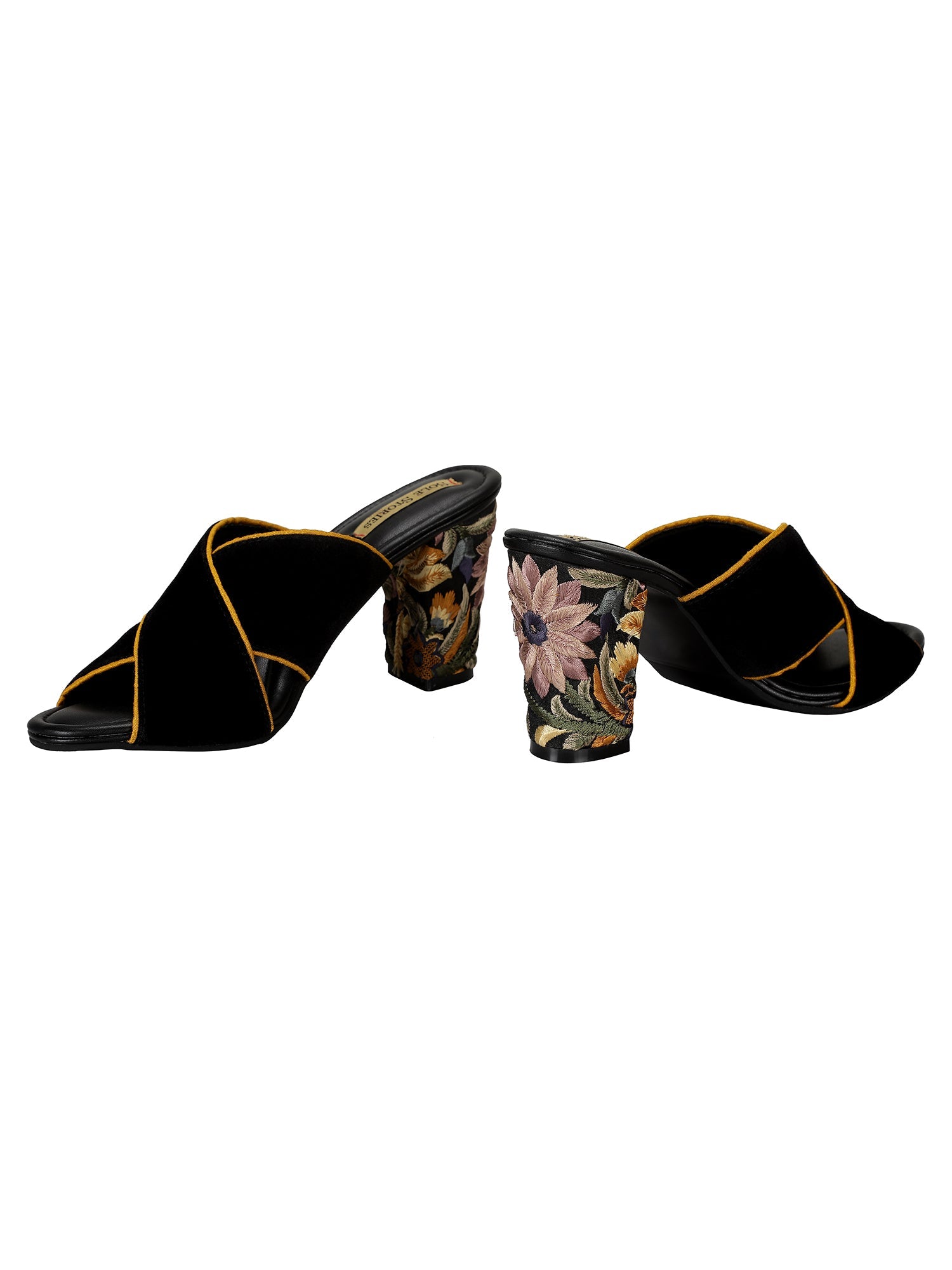 Embroidered Heels-Criss Cross Mules Yellow by Sole Stories with Black, Faux leather, Festive Wear, Mules, Open Toes, Recycled, Solids at Kamakhyaa for sustainable fashion