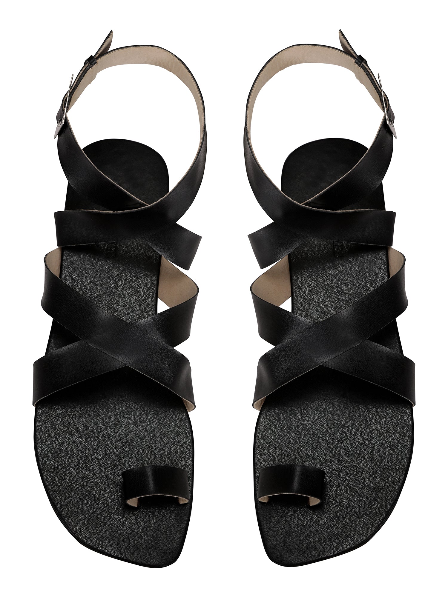 Criss Cross Flats in Black by Sole Stories with Basics Edit- Chapter II, Black, Faux Leather, Handcrafted, Relaxed Fit, Sandals, Solids, Vegan at Kamakhyaa for sustainable fashion