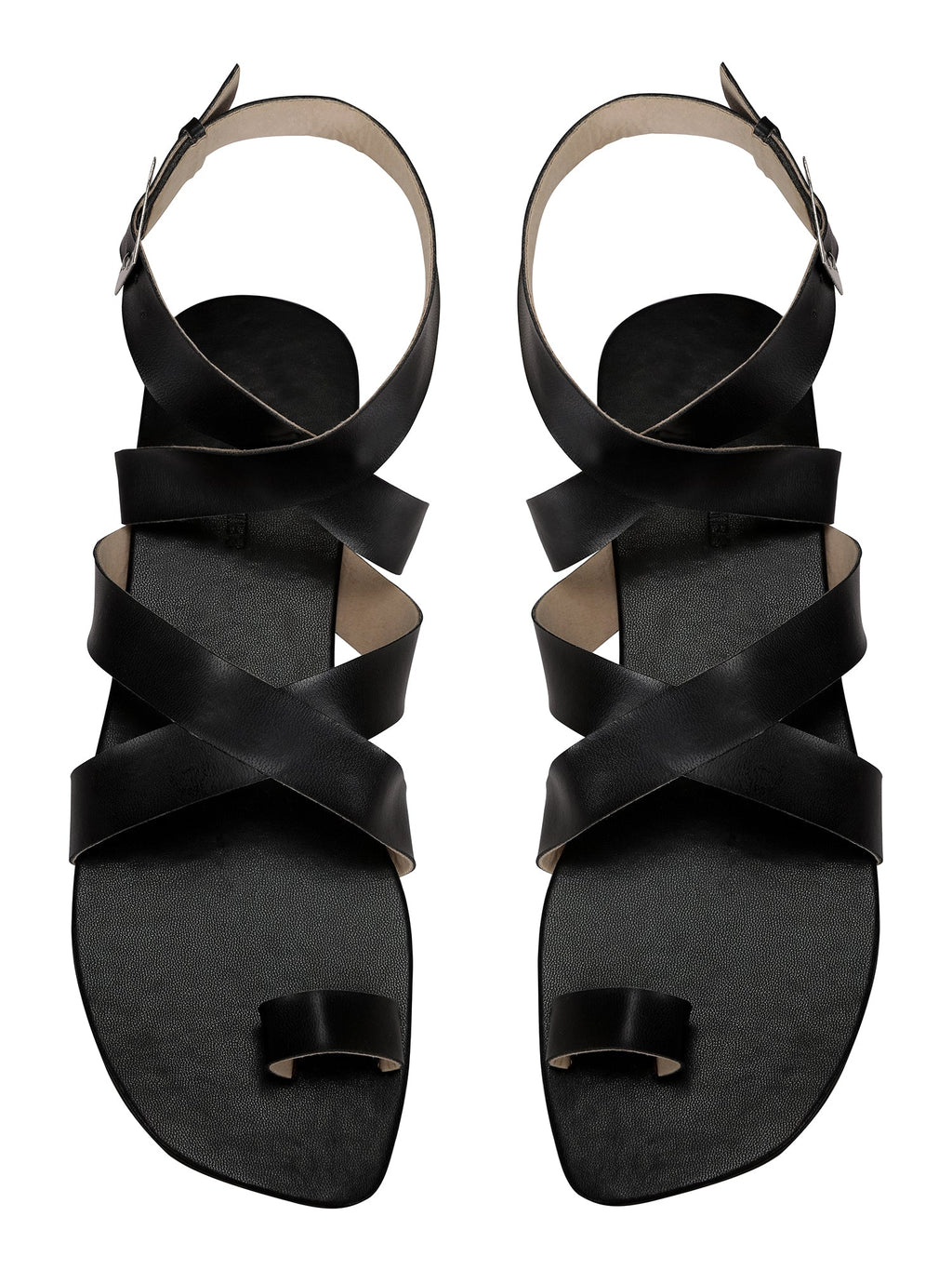 Criss Cross Flats in Black by Sole Stories with Basics Edit- Chapter II, Black, Faux Leather, Handcrafted, Relaxed Fit, Sandals, Solids, Vegan at Kamakhyaa for sustainable fashion