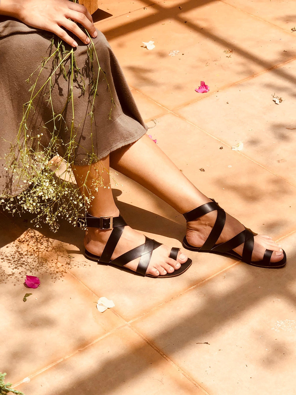 Criss Cross Flats in Black by Sole Stories with Basics Edit- Chapter II, Black, Faux Leather, Handcrafted, Relaxed Fit, Sandals, Solids, Vegan at Kamakhyaa for sustainable fashion