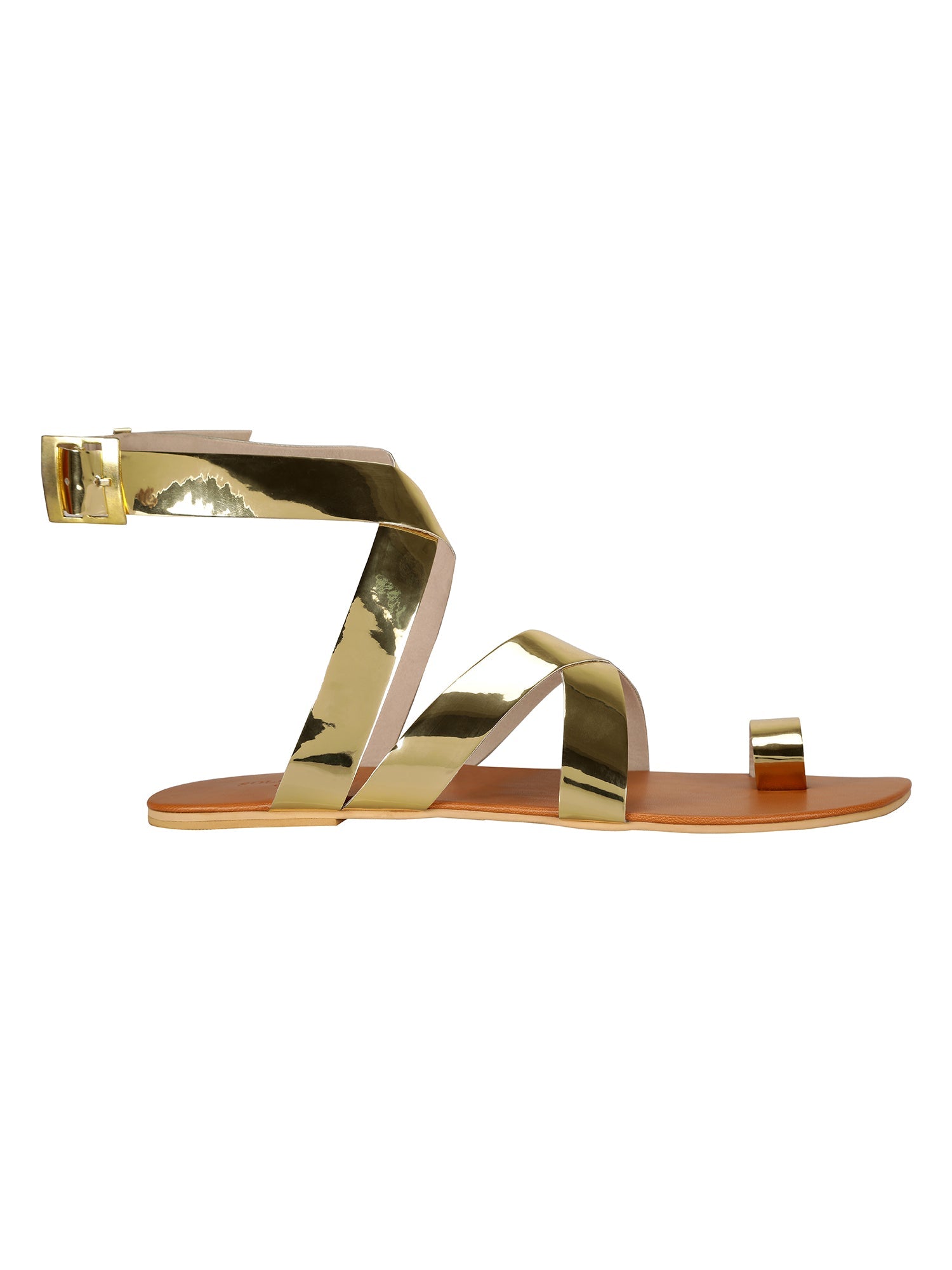 Flats-Criss Cross Metallic Gold by Sole Stories with Ankle Loop, Casual Wear, Faux leather, Flats, Gold, Recycled, Solids at Kamakhyaa for sustainable fashion