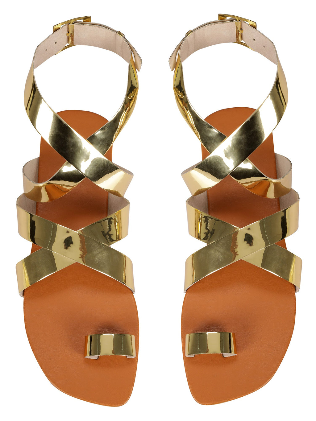 Flats-Criss Cross Metallic Gold by Sole Stories with Ankle Loop, Casual Wear, Faux leather, Flats, Gold, Recycled, Solids at Kamakhyaa for sustainable fashion