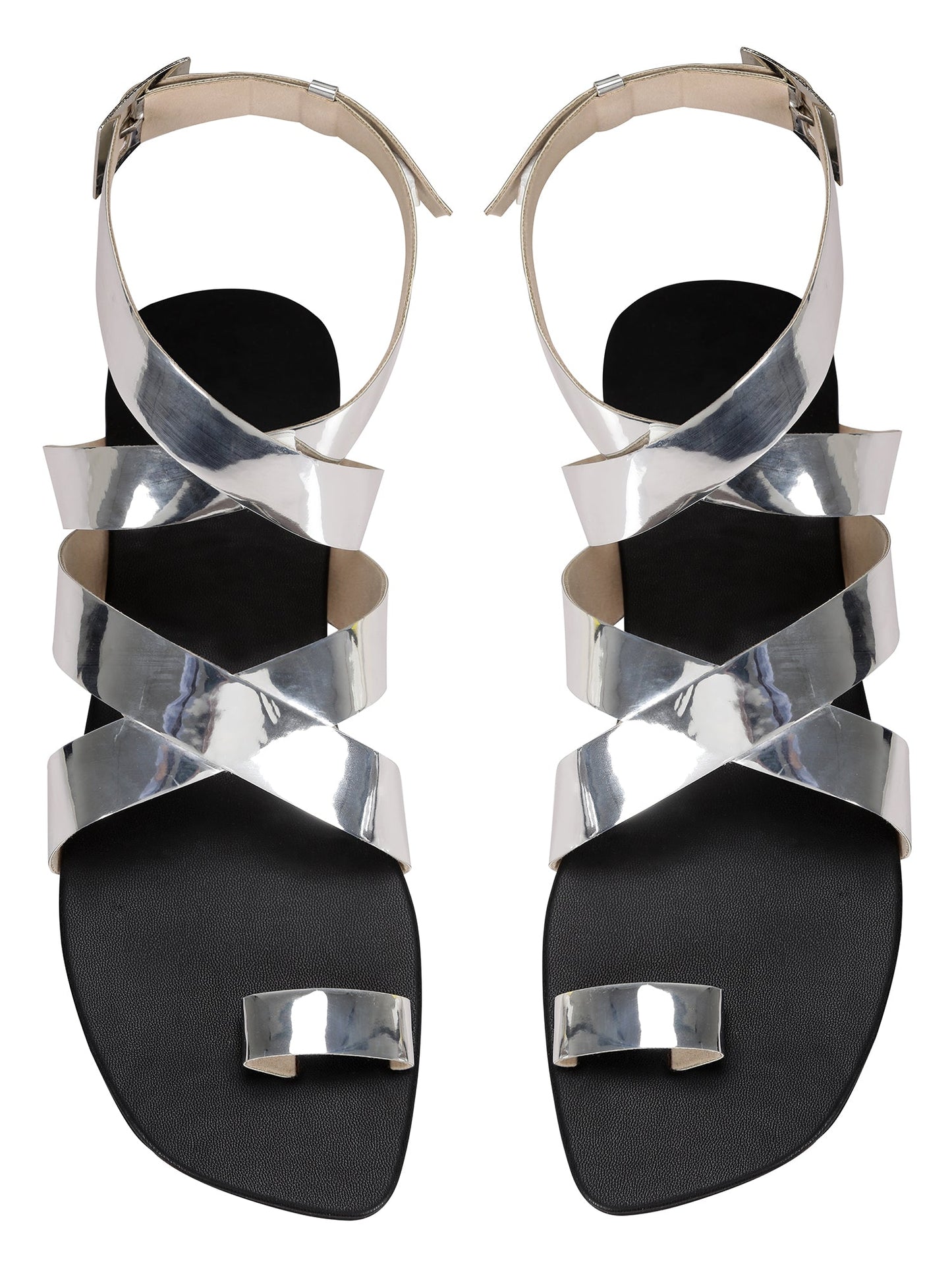 Flats-Criss Cross Metallic Silver by Sole Stories with Ankle Loop, Casual Wear, Faux leather, Flats, Recycled, Silver, Solids at Kamakhyaa for sustainable fashion