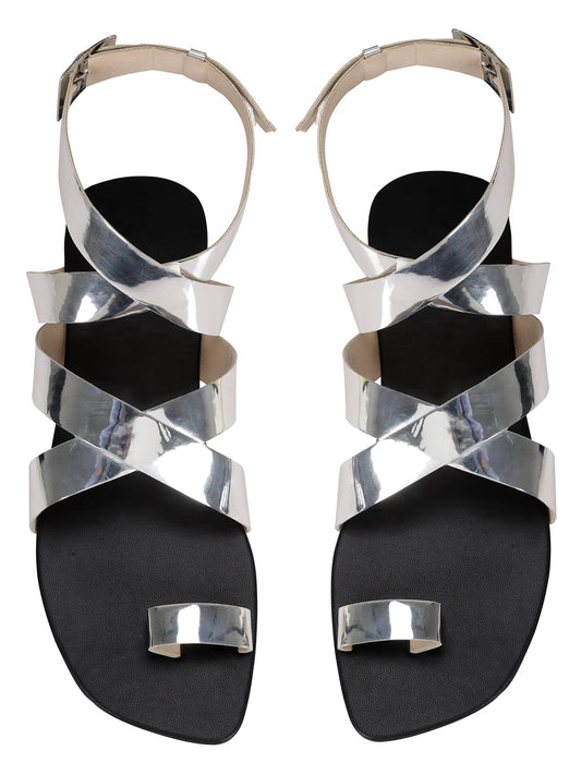 Flats-Criss Cross Metallic Silver Ankle Loop, Casual Wear, Faux leather, Flats, Recycled, Silver, Solids Kamakhyaa