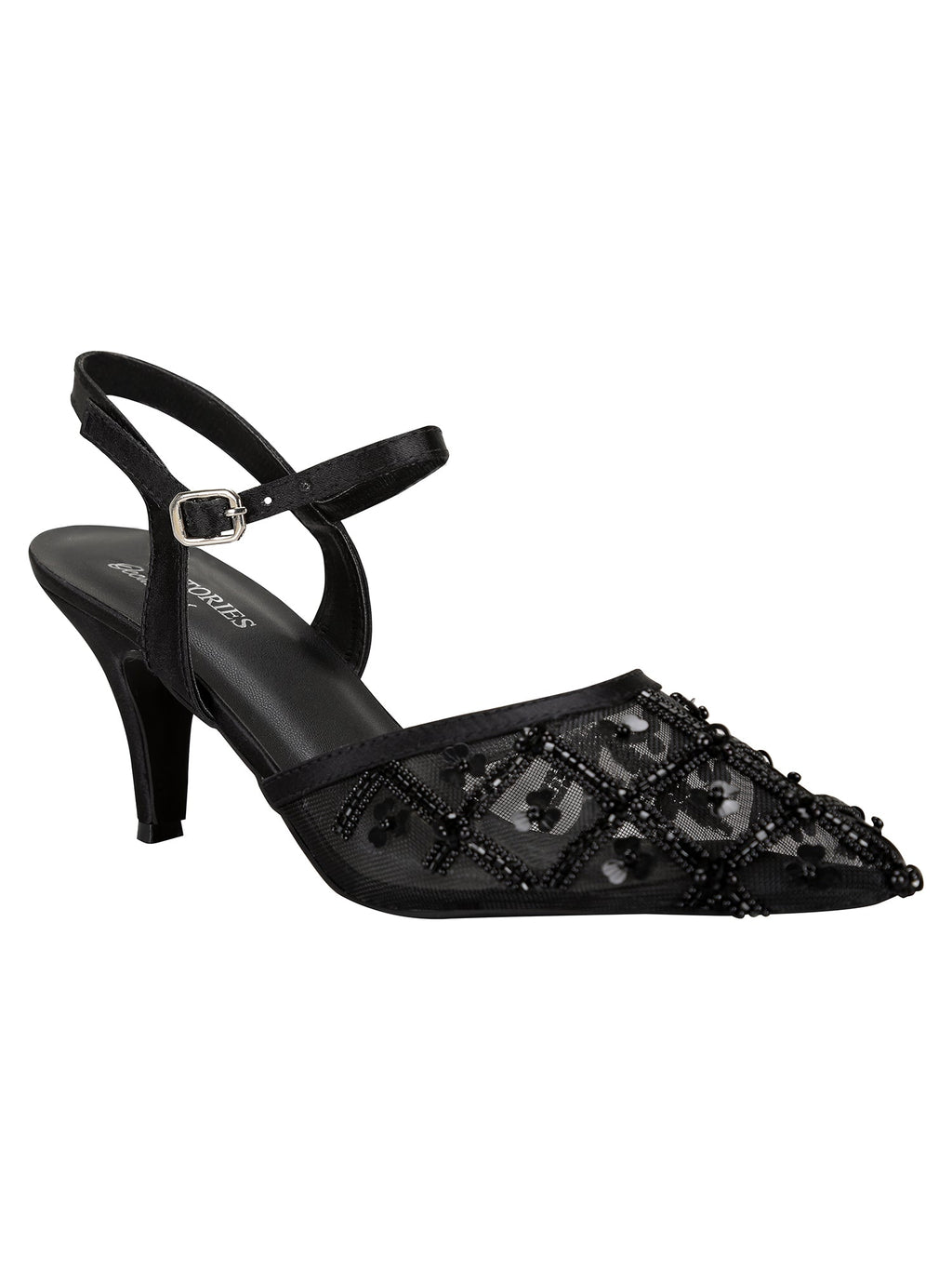 Heels-Noir Vintage by Sole Stories with Ankle Loop, Black, bridal, Casual Wear, Closed Toes, Embellished, Faux Leather, Festive Wear, For Bachelorette, Heels, Natural, Upcycled, Vegan, Wedding Gifts at Kamakhyaa for sustainable fashion