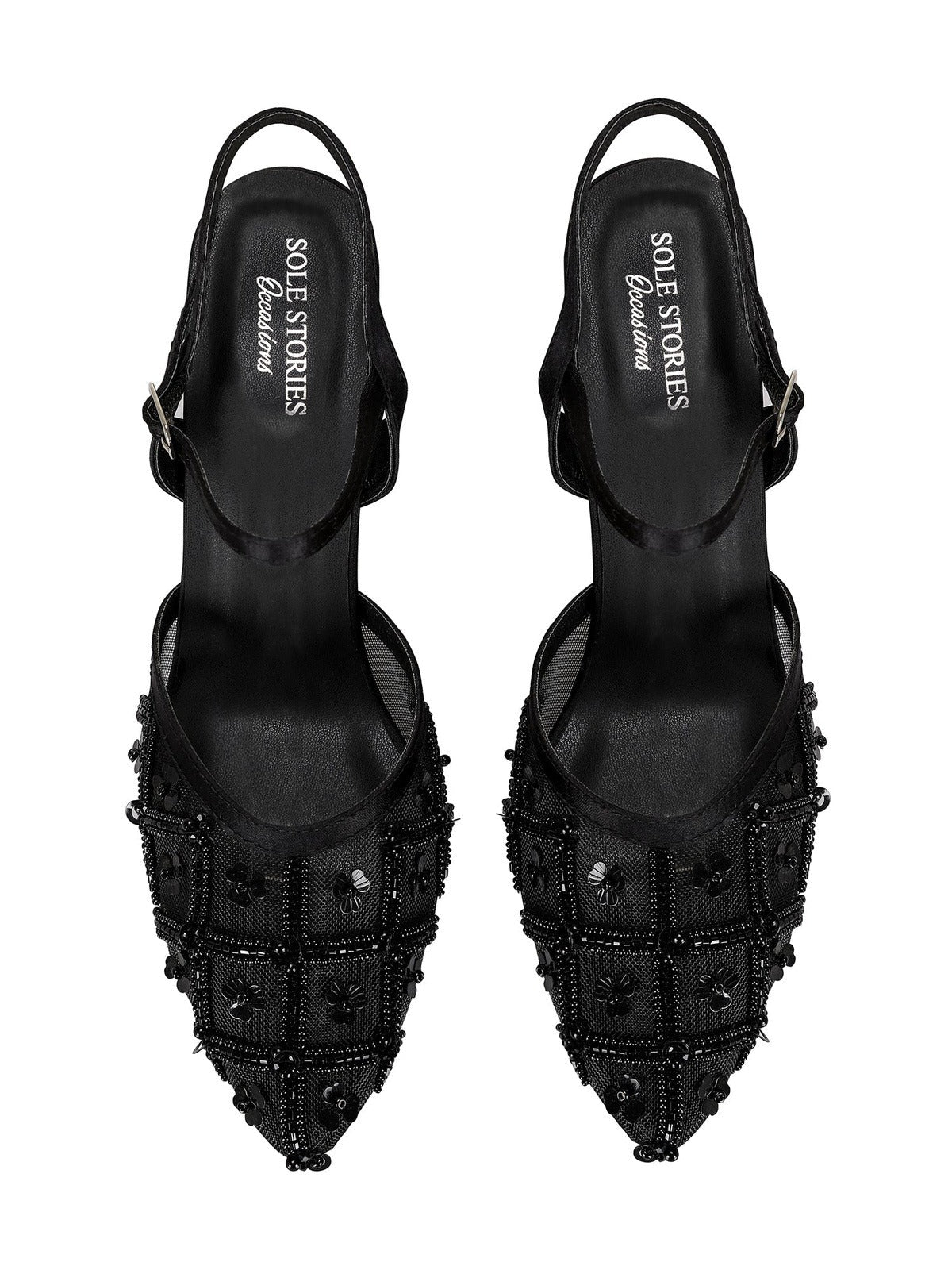 Heels-Noir Vintage by Sole Stories with Ankle Loop, Black, bridal, Casual Wear, Closed Toes, Embellished, Faux Leather, Festive Wear, For Bachelorette, Heels, Natural, Upcycled, Vegan, Wedding Gifts at Kamakhyaa for sustainable fashion