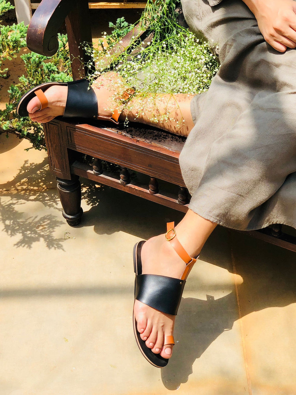 Flats-Two Toned by Sole Stories with Ankle Loop, Brown, Casual Wear, Faux Leather, Flats, Solids, Upcycled, Vegan at Kamakhyaa for sustainable fashion