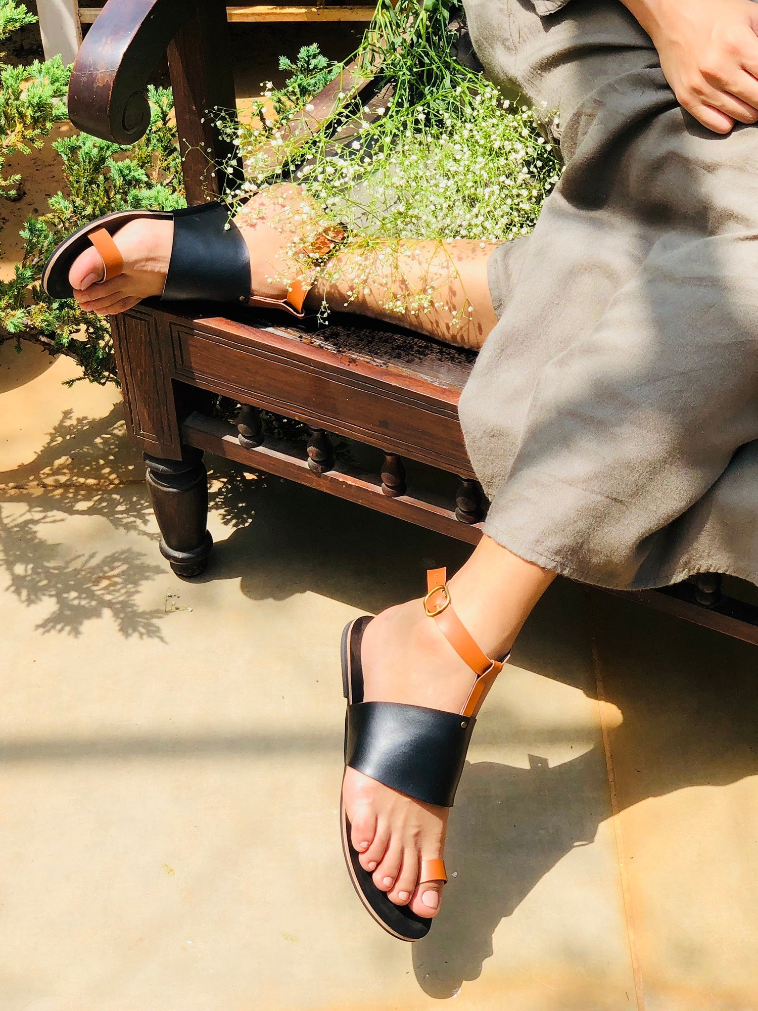 Flats-Two Toned by Sole Stories with Ankle Loop, Brown, Casual Wear, Faux Leather, Flats, Solids, Upcycled, Vegan at Kamakhyaa for sustainable fashion