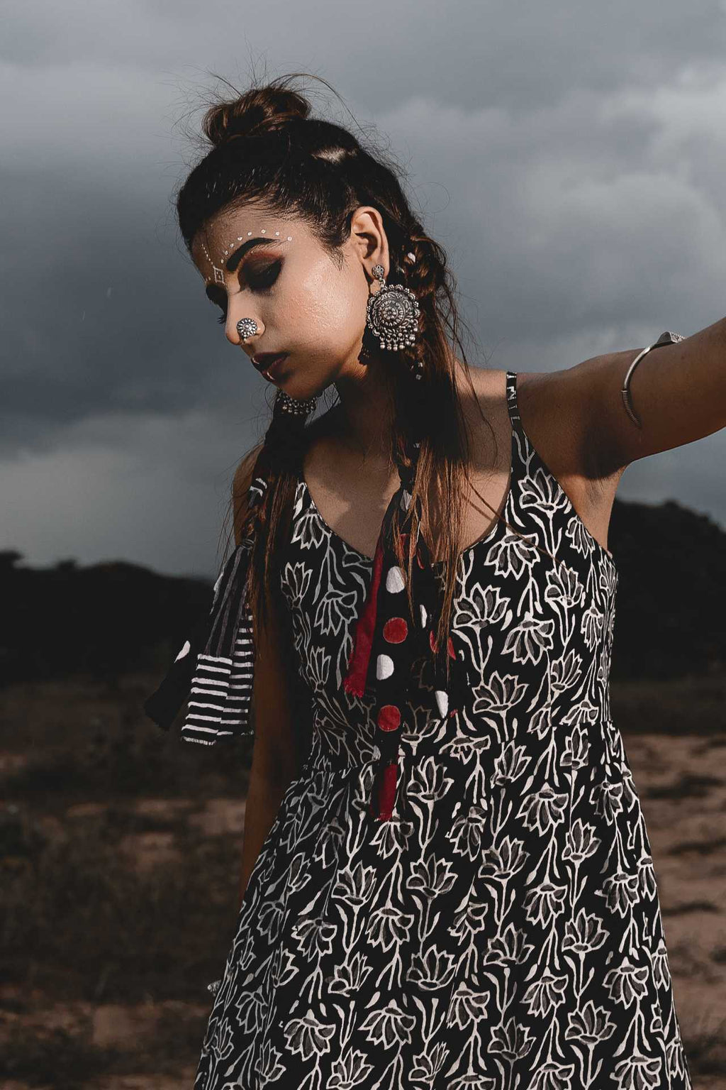 Spaghetti Tiered Block Printed Long Dress by Keva with Best Selling, Black, Block Prints, Cotton, FB ADS JUNE, Maxi Dresses, Natural, Printed Selfsame, Relaxed Fit, Resort Wear, Sleeveless Dresses, Strap Dresses, Tiered Dresses, Wild Child, Womenswear at Kamakhyaa for sustainable fashion