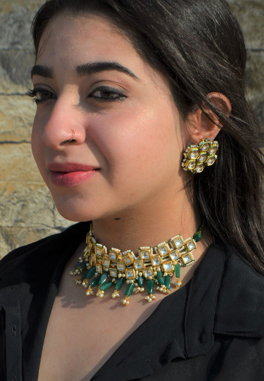 Green Necklace Set with Earring Square kundankari by House Of Heer with Add Ons, Alloy Metal, Festive Jewellery, Festive Wear, Free Size, Green, jewelry, Jewelry Sets, July Sale, July Sale 2023, Natural, Polkis, Textured at Kamakhyaa for sustainable fashion