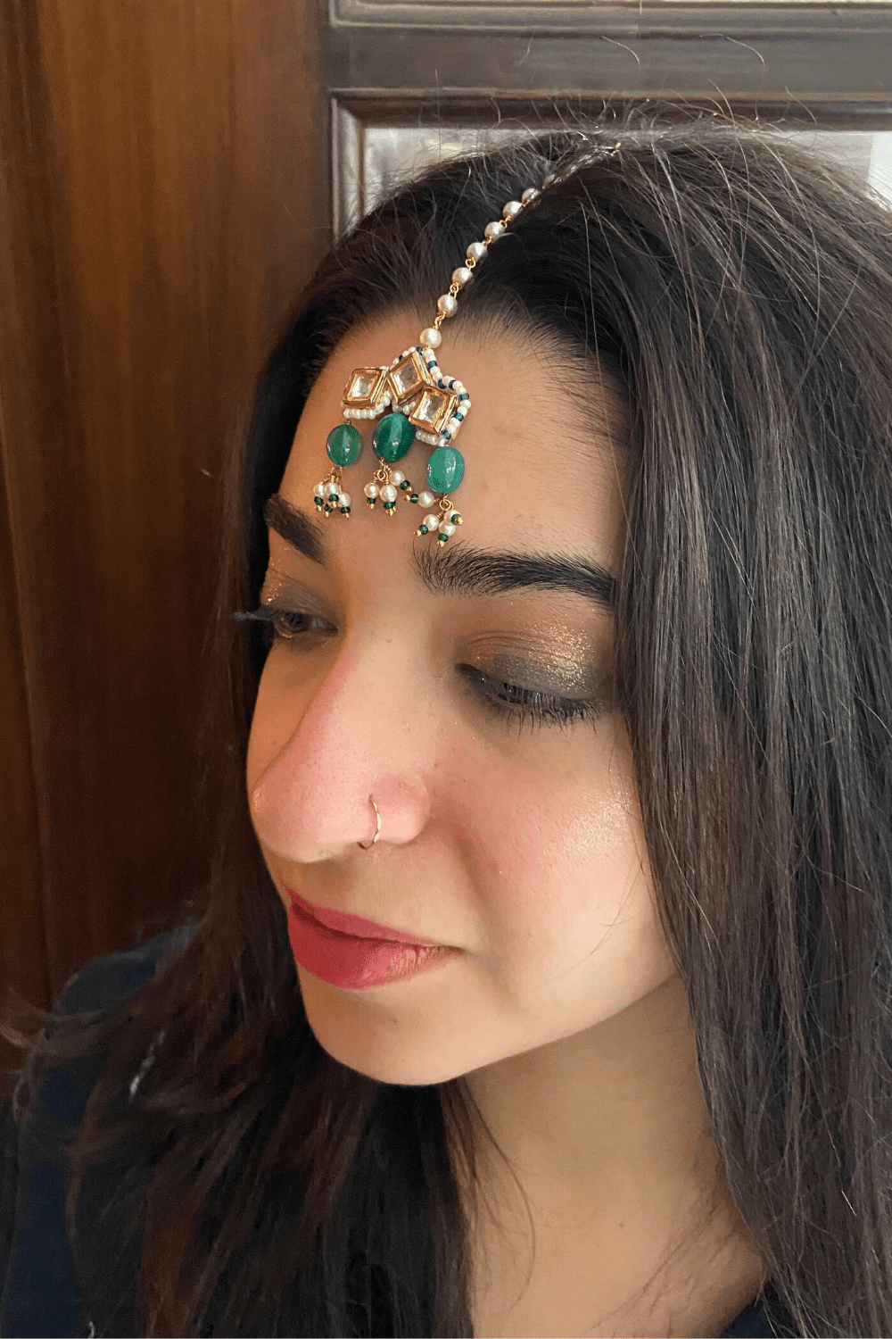 Green Mangtika Stonework kundan Not Found by House Of Heer with Alloy Metal, Festive Jewellery, Festive Wear, Free Size, Gemstone, Green, jewelry, July Sale, July Sale 2023, Less than $50, Mangtikkas, Natural, Pearl, Products less than $25, Solids at Kamakhyaa for sustainable fashion
