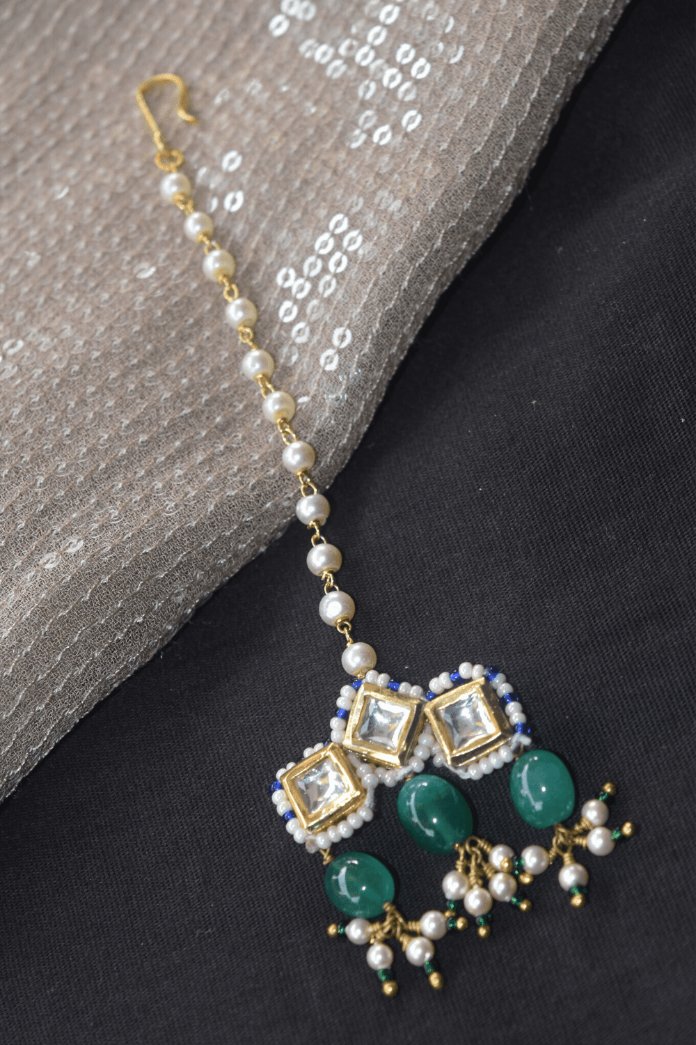 Green Mangtika Stonework kundan Not Found by House Of Heer with Alloy Metal, Festive Jewellery, Festive Wear, Free Size, Gemstone, Green, jewelry, July Sale, July Sale 2023, Less than $50, Mangtikkas, Natural, Pearl, Products less than $25, Solids at Kamakhyaa for sustainable fashion