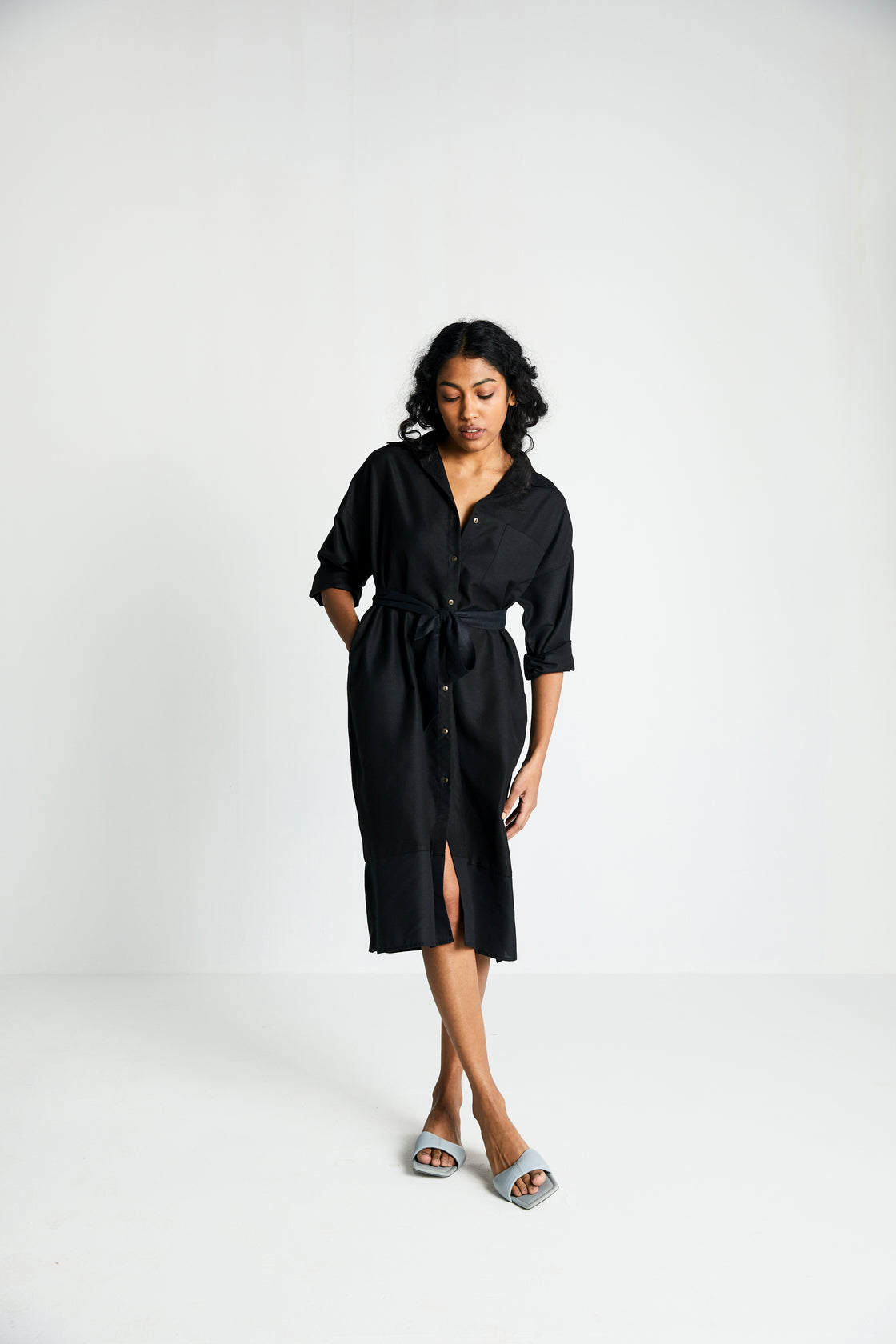 Sunday Smoke Dress by Reistor with Archived, Black, Casual Wear, Dresses, Hemp, Hemp Noir by Reistor, Midi Dresses, Natural, Regular Fit, Solids, Womenswear at Kamakhyaa for sustainable fashion