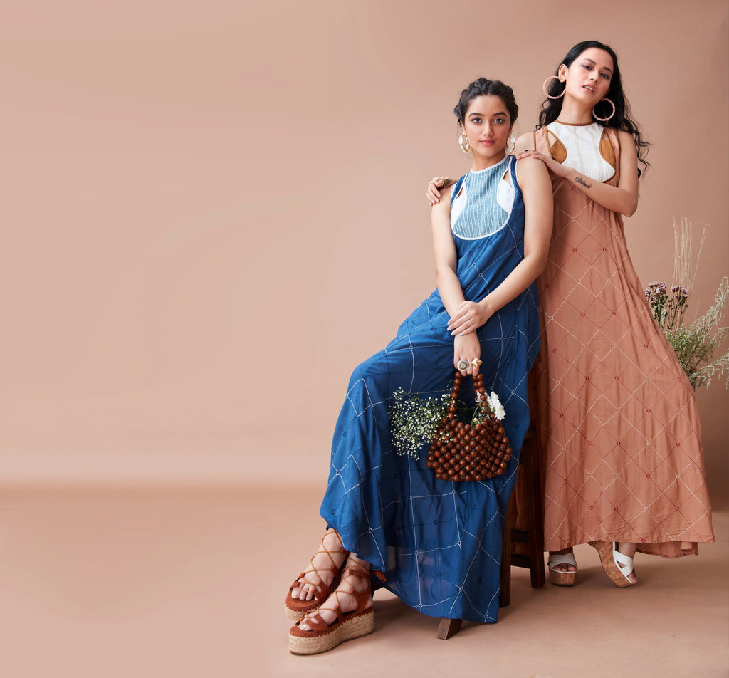 Blue Cotton Maxi Dress by Dan Ba with Blue, Cotton, July Sale, July Sale 2023, Maxi Dresses, Natural, Relaxed Fit, Resort Wear, Sleeveless Dresses, Solids, Womenswear at Kamakhyaa for sustainable fashion